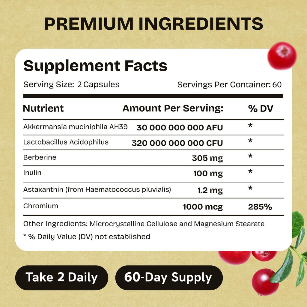 Akkermansia Muciniphila Probiotics 320 Billion CFU| Probiotic and Prebiotic | Akkermansia Probiotics for gut health | Inulin Prebiotic Fiber Capsules Astaxanthin & Berberine & Chromium | 120 capsules