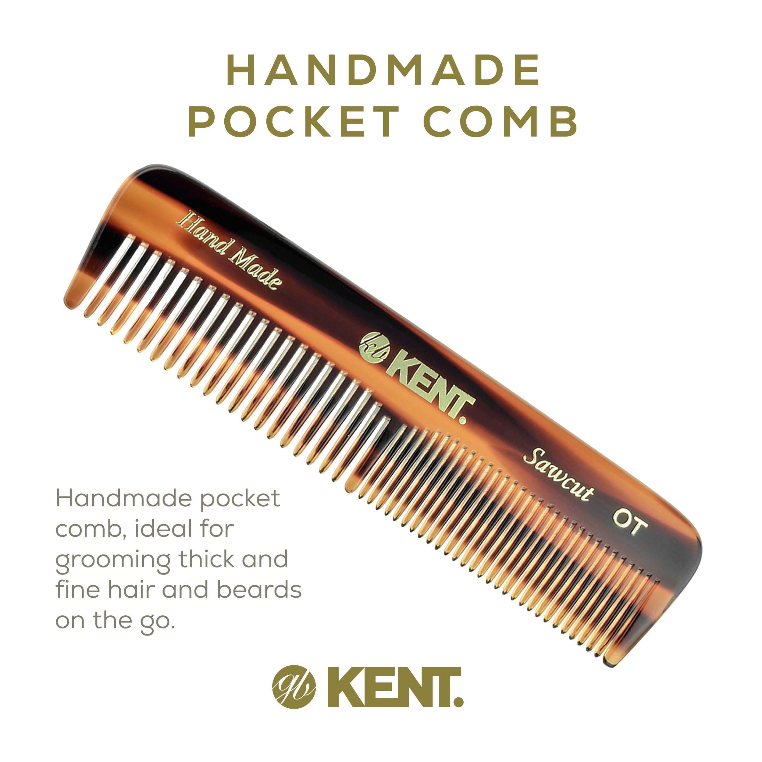 Kent OT Tortoise Pocket Comb - Handmade Fine and Wide Tooth Hair Comb for Men, Women, and Kids - Travel, Beard, and Mustache Comb - Saw Cut and Hand Polished Made in England