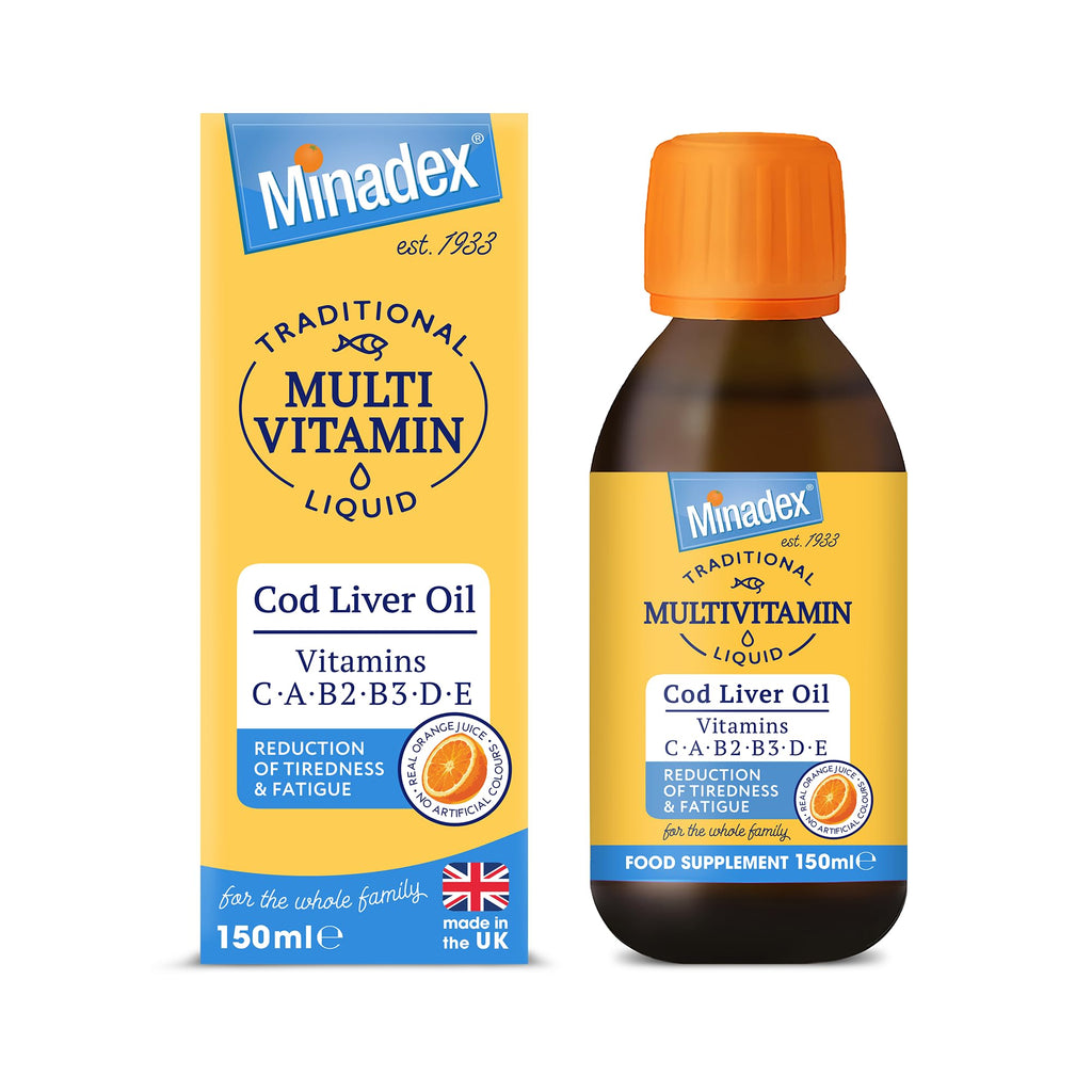Minadex® Multivitamin Liquid with Cod Liver Oil for Adults & Kids, Delicious Orange Flavour, Vitamins C, A, B2, B3, D, E & Omega-3, Boost Energy & Reduces Tiredness, Supports Immunity, 150ml