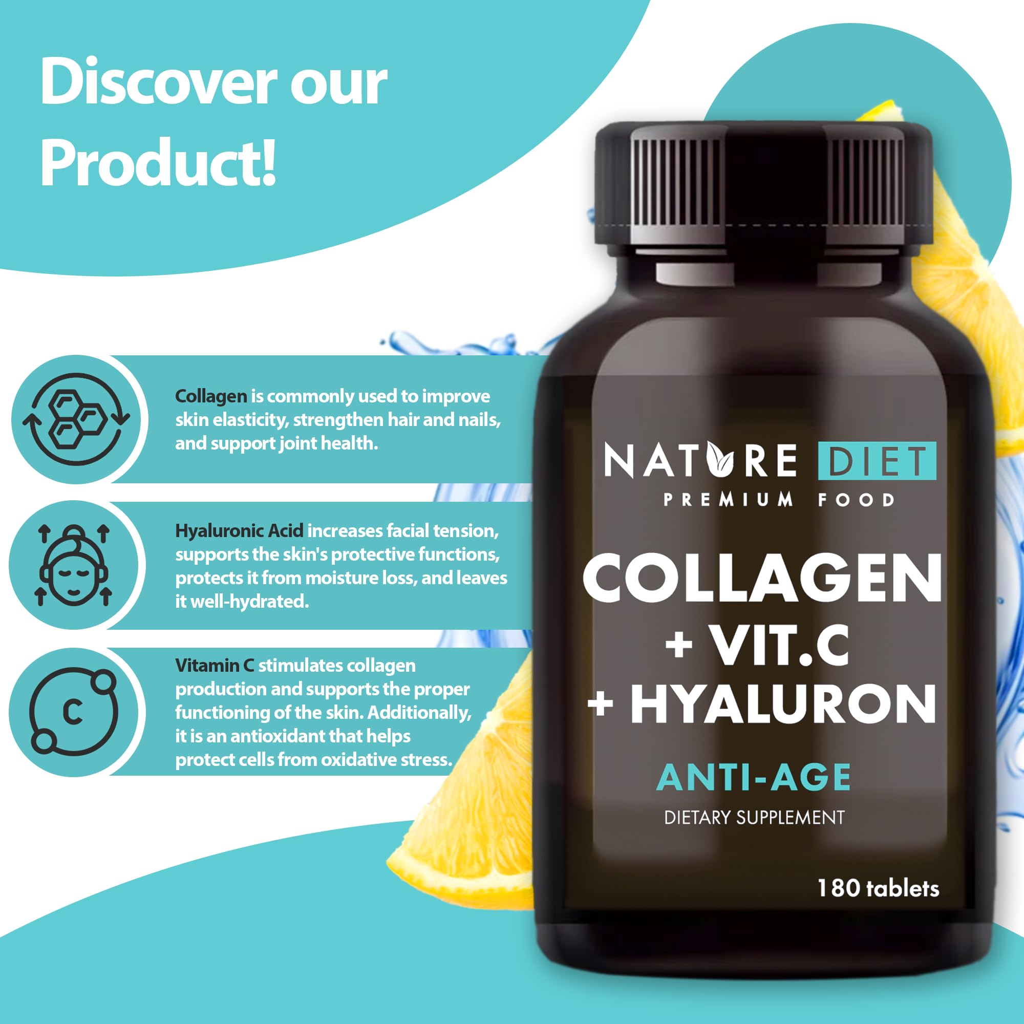 Nature Diet Collagen with Hyaluronic Acid & Vitamin C, 180 Tablets, 500 mg