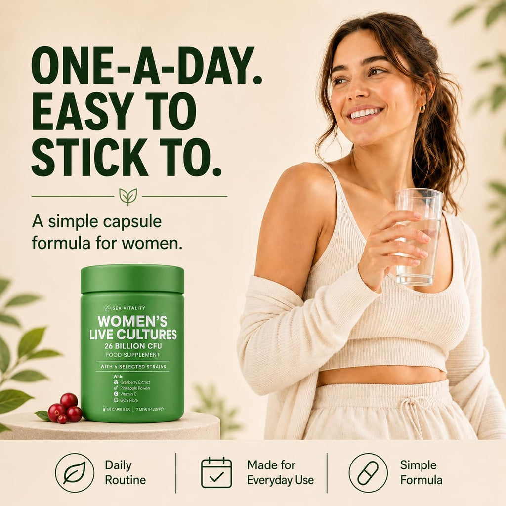 Women's Live Cultures Food Supplement - 26 Billion CFU, 6 Selected Strains with Cranberry Extract, Pineapple Powder, GOS & Vitamin C - 60 Capsules, 1-a-Day Formula for Women, 60 Day Supply