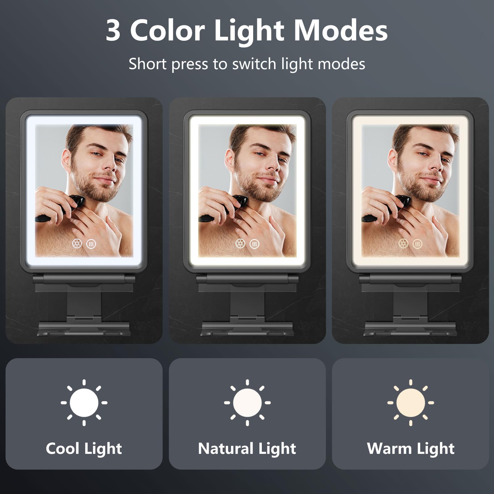Heated Shower Mirror Fogless for Shaving, 3 Colors Stepless Dimmable Lights Fogless Mirror for Shower, Rechargeable Anti Fog Shaving Mirror for Shower with Razor Holder for Men, Light Memory Function