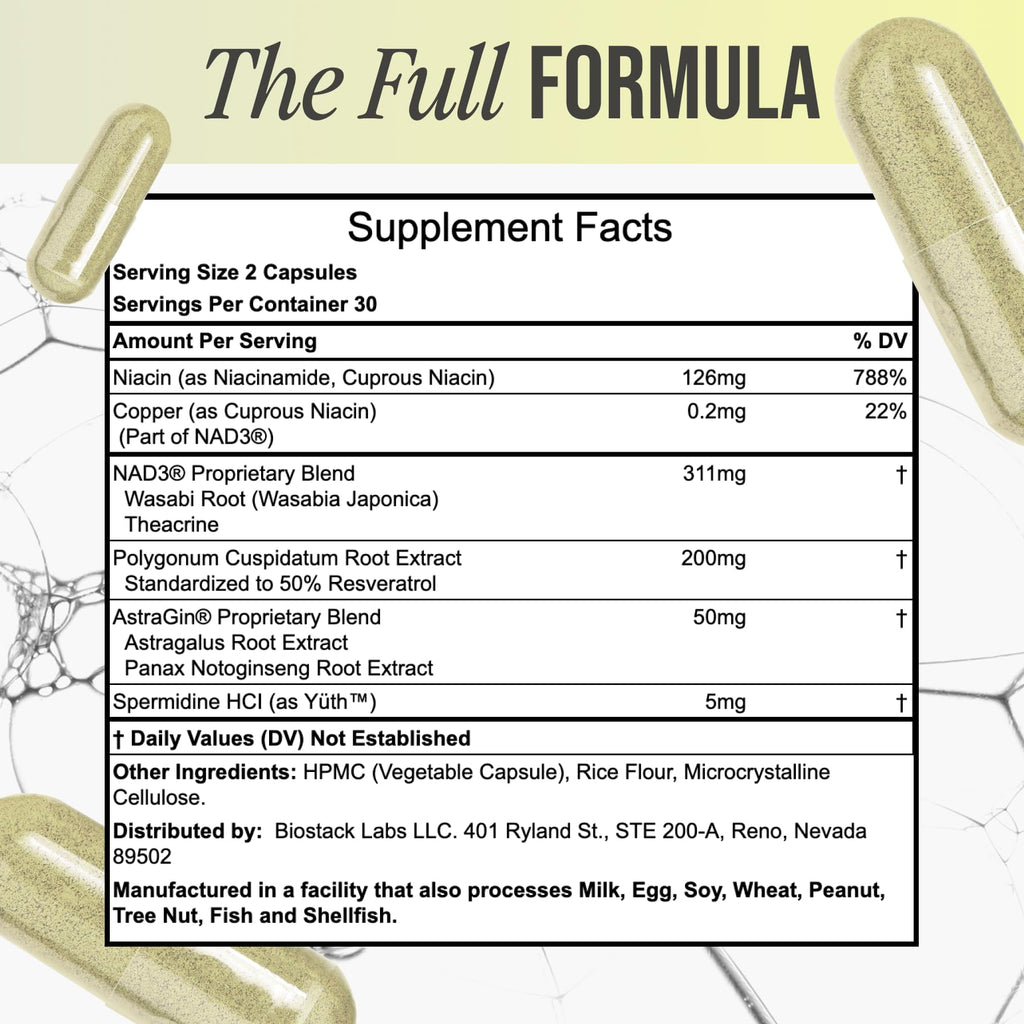 BIOSTACK NAD Regen | NAD3 Supplement with Yüth Spermidine, Resveratrol & Niacinamide | NMN Alternative for Energy, Anti-Aging & Longevity | 30 Day Supply