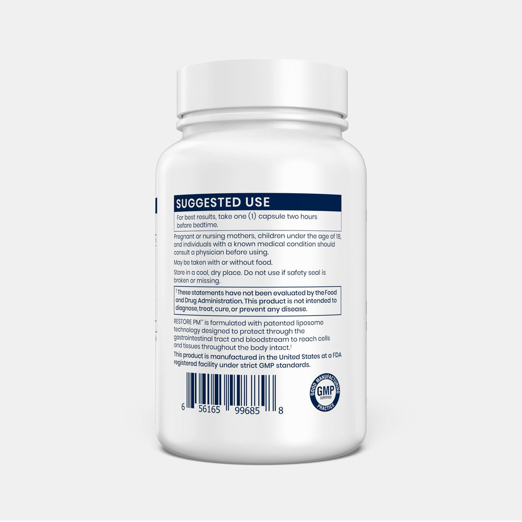 Renue By Science Restore PM | Liposomal Melatonin GABA Supplements | 60 Capsules with Melatonin (1mg) 5HTP (100mg) Glutathione (65mg) Apigenin (75mg) GABA (150mg) - Non-GMO | Made in the USA