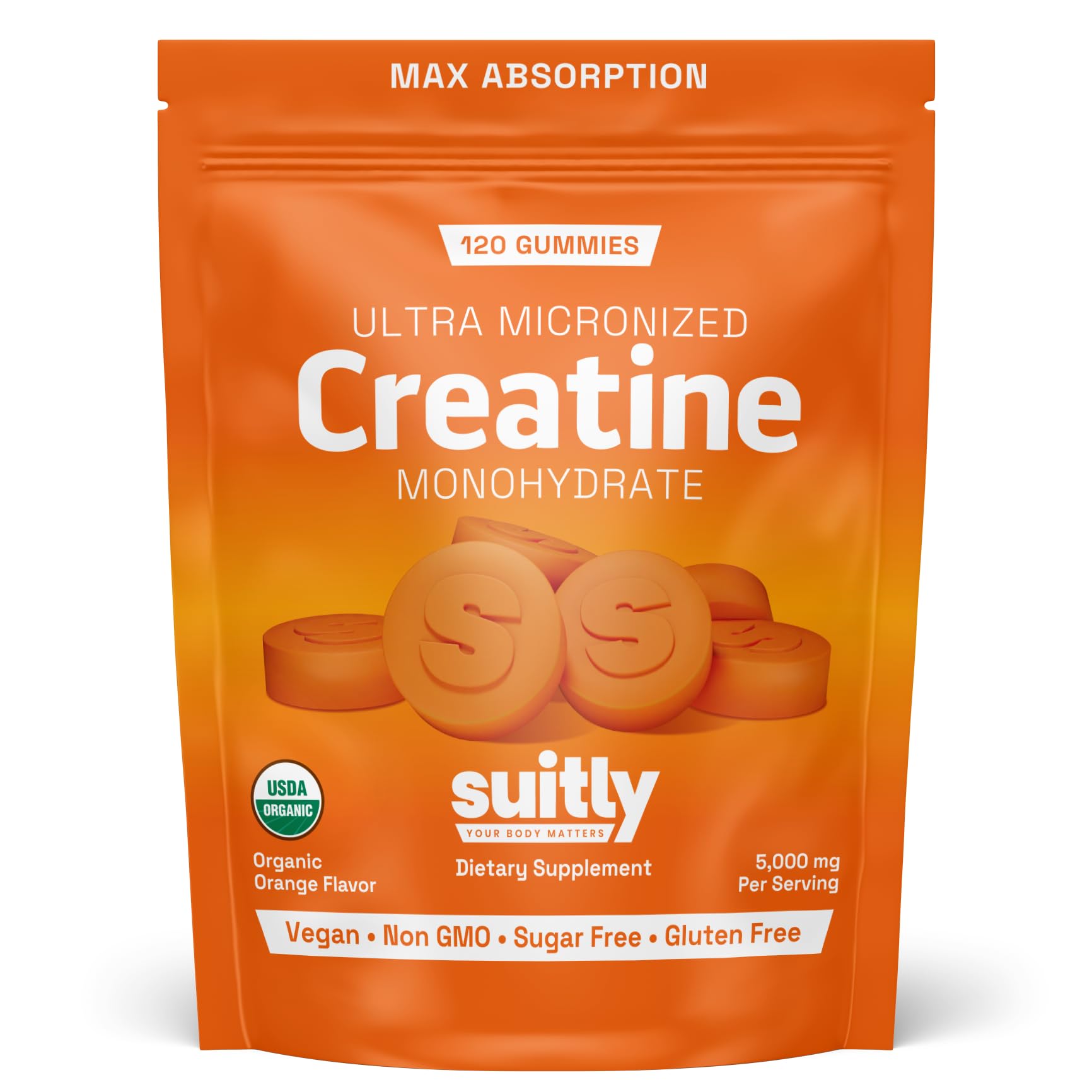 Suitly Creatine Gummies | 5g Ultra-Micronized Creatine Monohydrate | Made with Certified Organic Ingredients | Vegan, Sugar Free, Non GMO & Gluten Free | 120 Gummies | Organic Orange Flavor