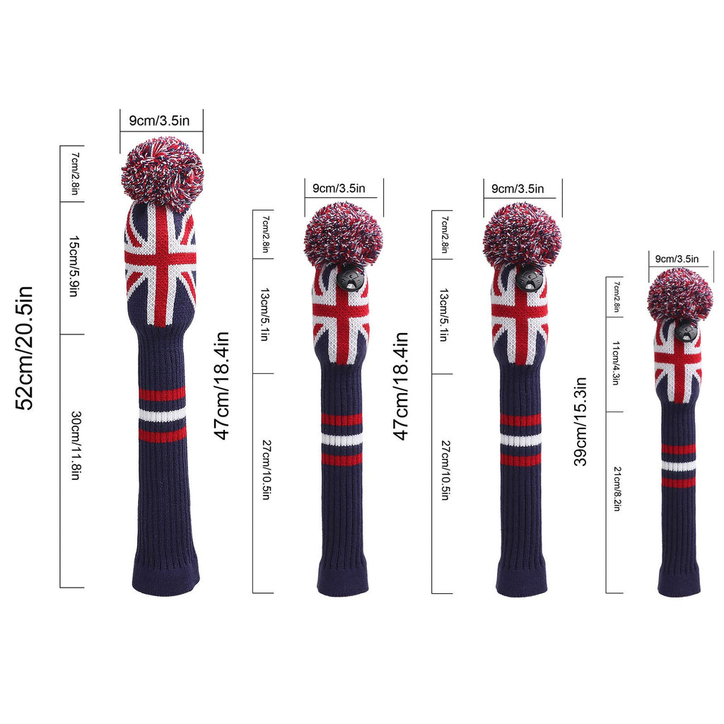 Big Teeth Golf Wood Club Headcovers Knitted PomPom Set 4packs 460cc Driver Fairwaywood Hybrid UT Rescue Club Protection Flag Design(UK Flag)