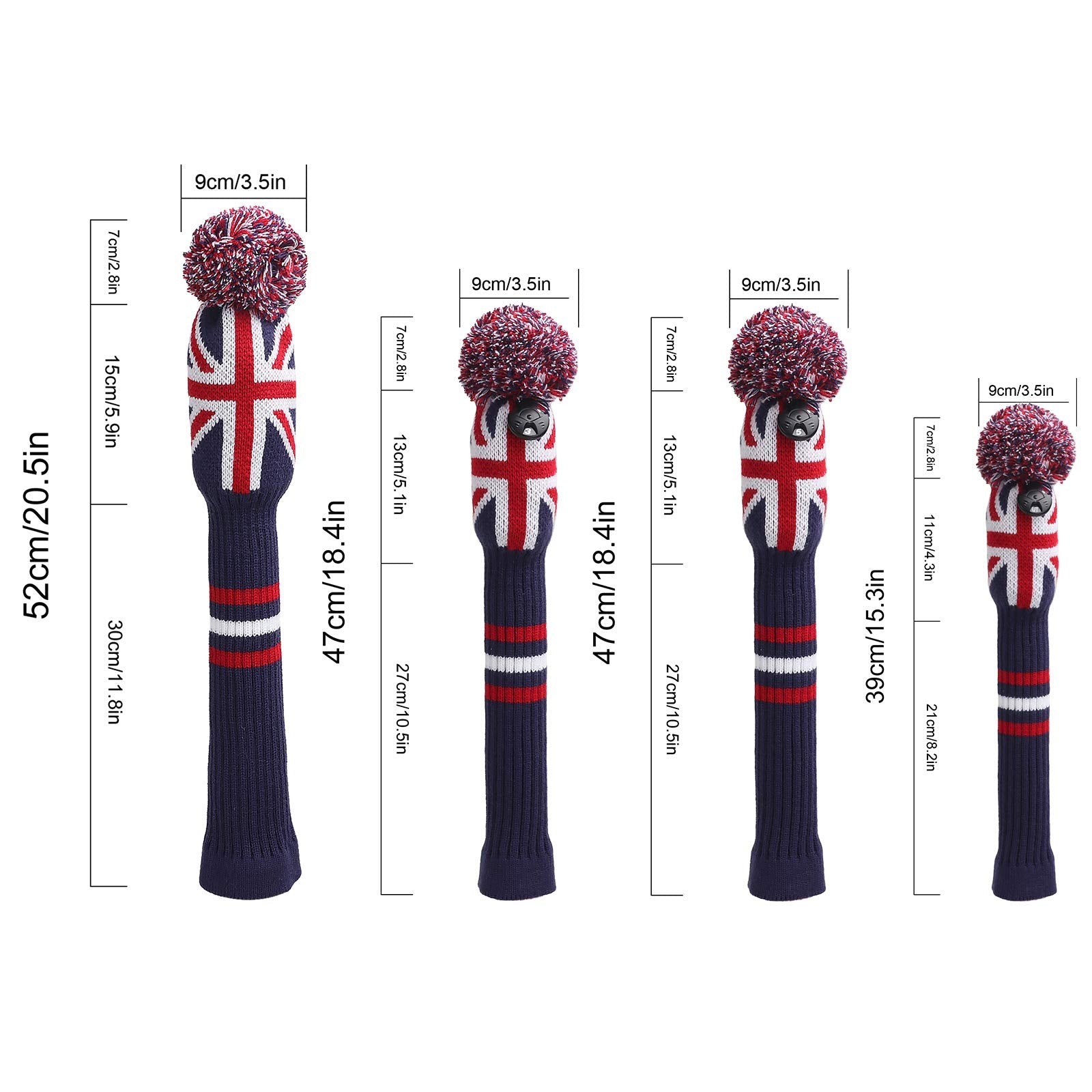 Big Teeth Golf Wood Club Headcovers Knitted PomPom Set 4packs 460cc Driver Fairwaywood Hybrid UT Rescue Club Protection Flag Design(UK Flag)