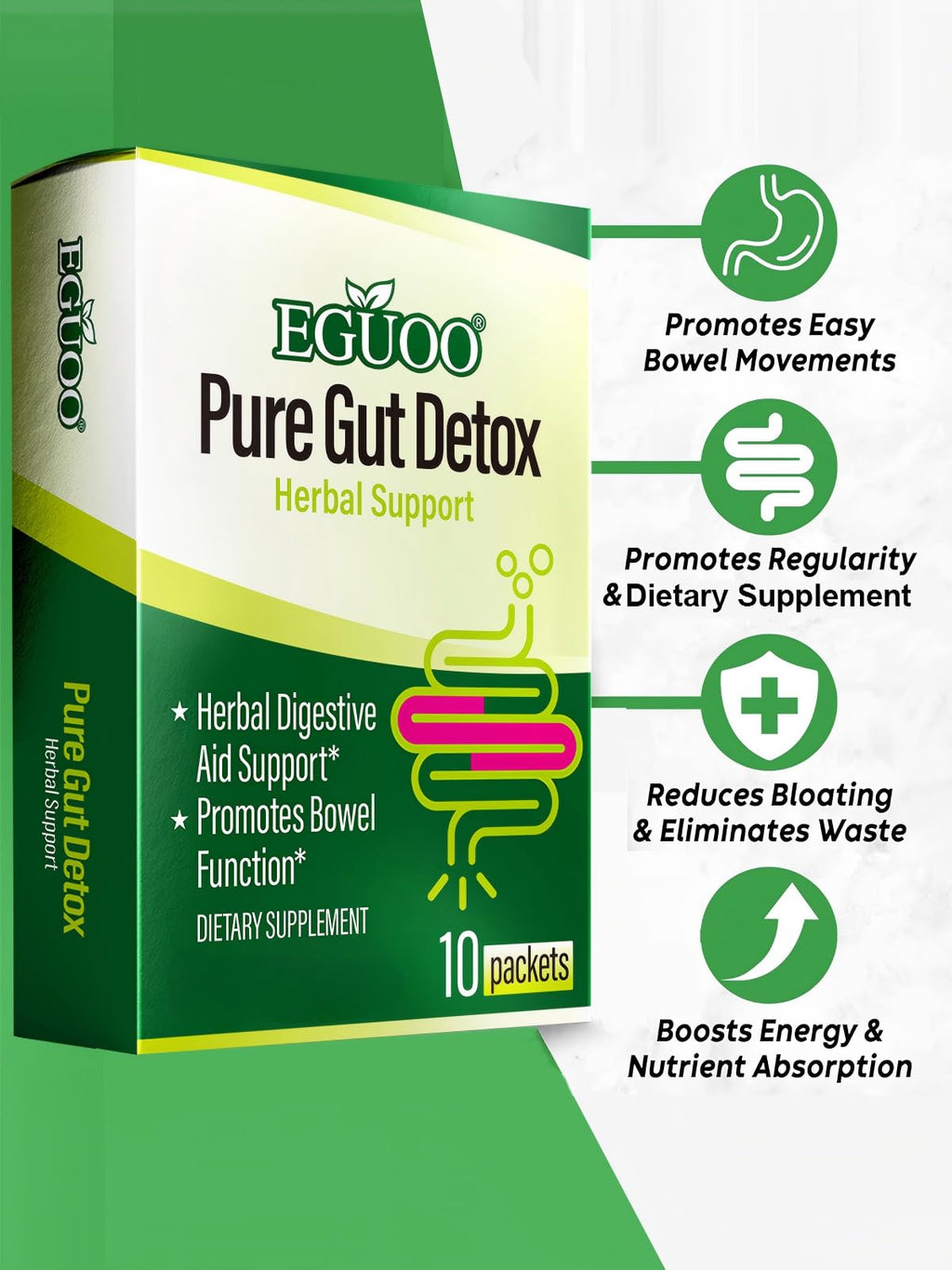 EGUOO Pure Gut Detox Powder – Bloating & Digestive Support | 10 Sachets Colon Cleanse with 2,456mg Prebiotics, DigeZyme® Enzymes & Senna | Supports Regularity for Women & Men