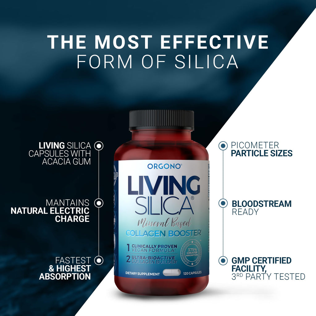 Living Silica ORGONO Mineral-Based Collagen Booster Capsules | Silica-Based | Supports Collagen & Elastin for Joint & Bone Support, Glowing Skin, Strong Hair & Nails | 120 Capsules