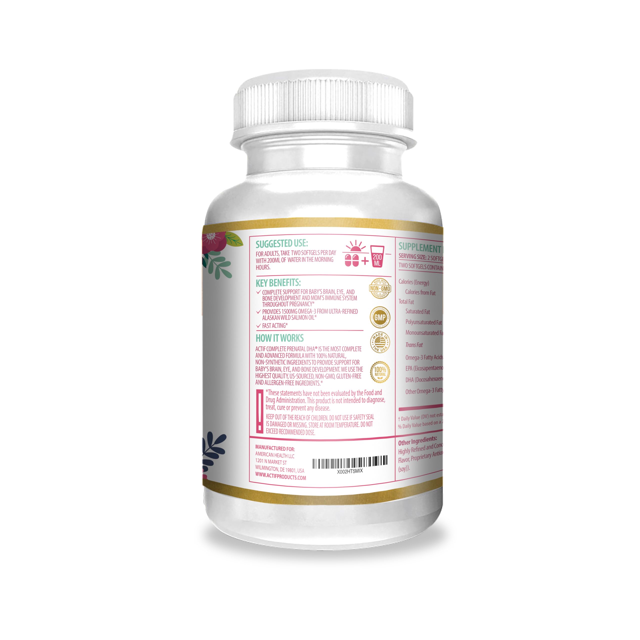 Actif Complete Prenatal DHA with 1500mg Omega-3, 100% Natural, Organic DHA, EPA, Omega 3 - Non-GMO, 90 Gummies