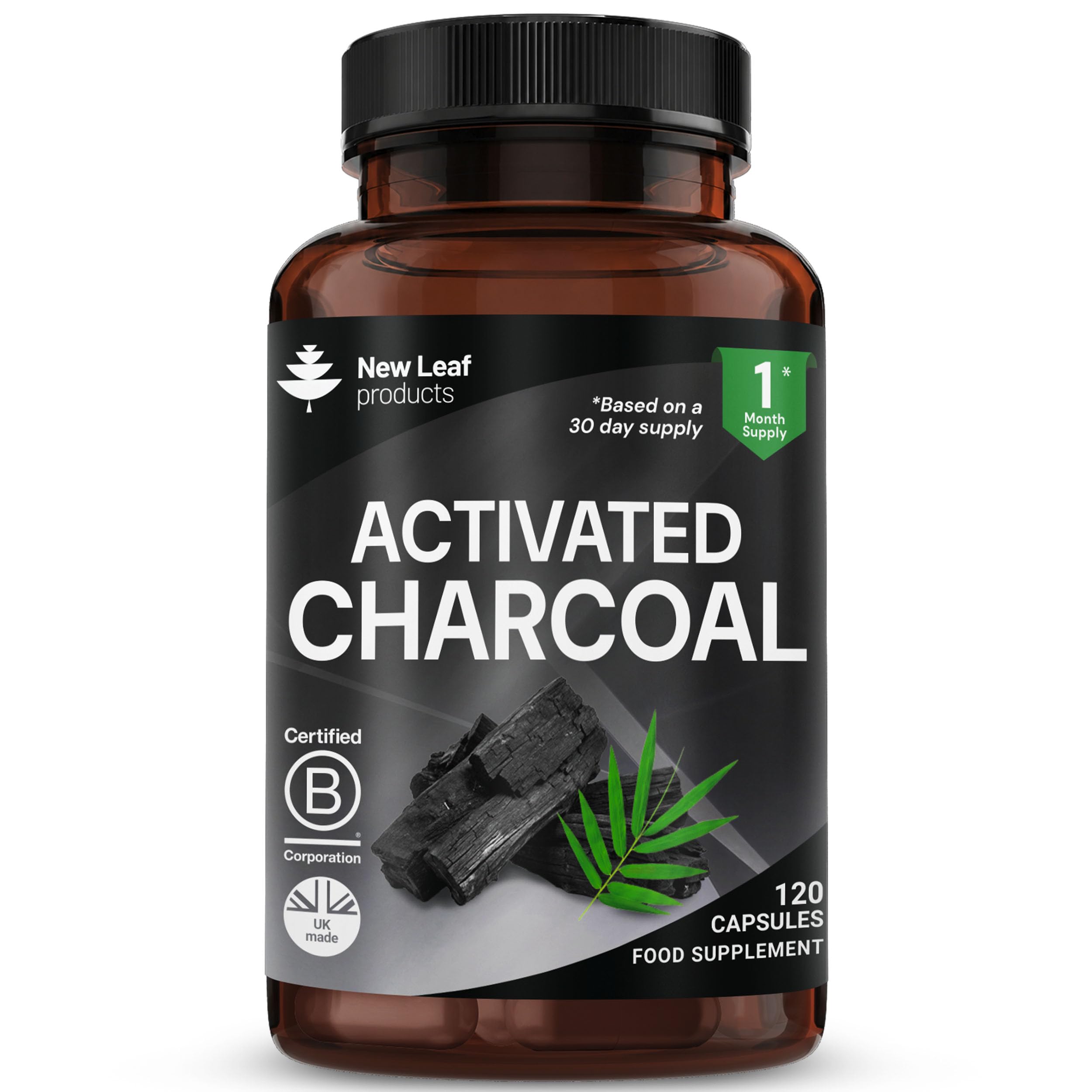 Activated Charcoal Capsules - 120 High Strength Activated Charcoal Tablets Alternative - 1040mg Per Serving, Helps Reduce Excessive Flatulence After Eating - Made in UK By New Leaf