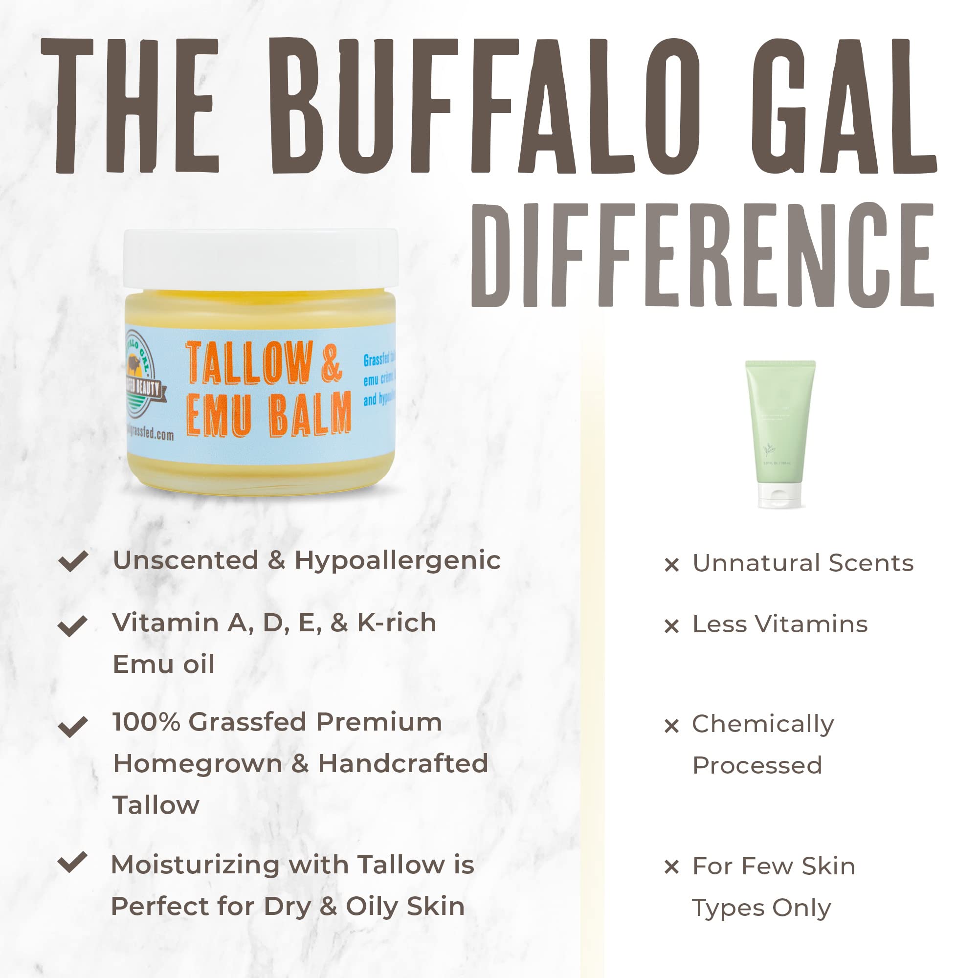 BUFFALO GAL Grassfed Beauty TALLOW & EMU BALM (Unscented) 2 oz