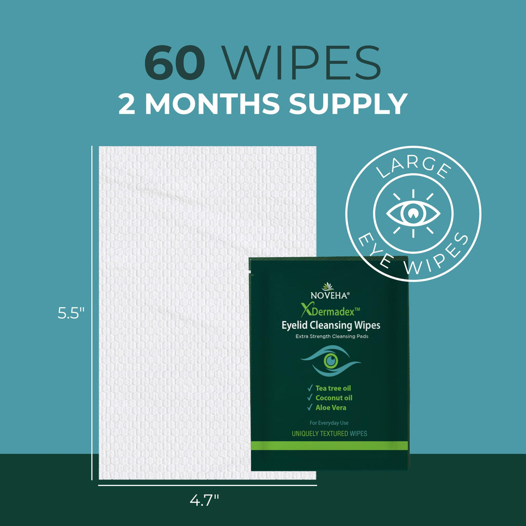 NOVEHA Demodex Eyelid & Lash Wipes | Box of 60 Individually Wrapped Extra Strength Cleansing Eyelash Wipes - Battles Irritated Eyes - Naturally Remove Debris (Pack of 2)