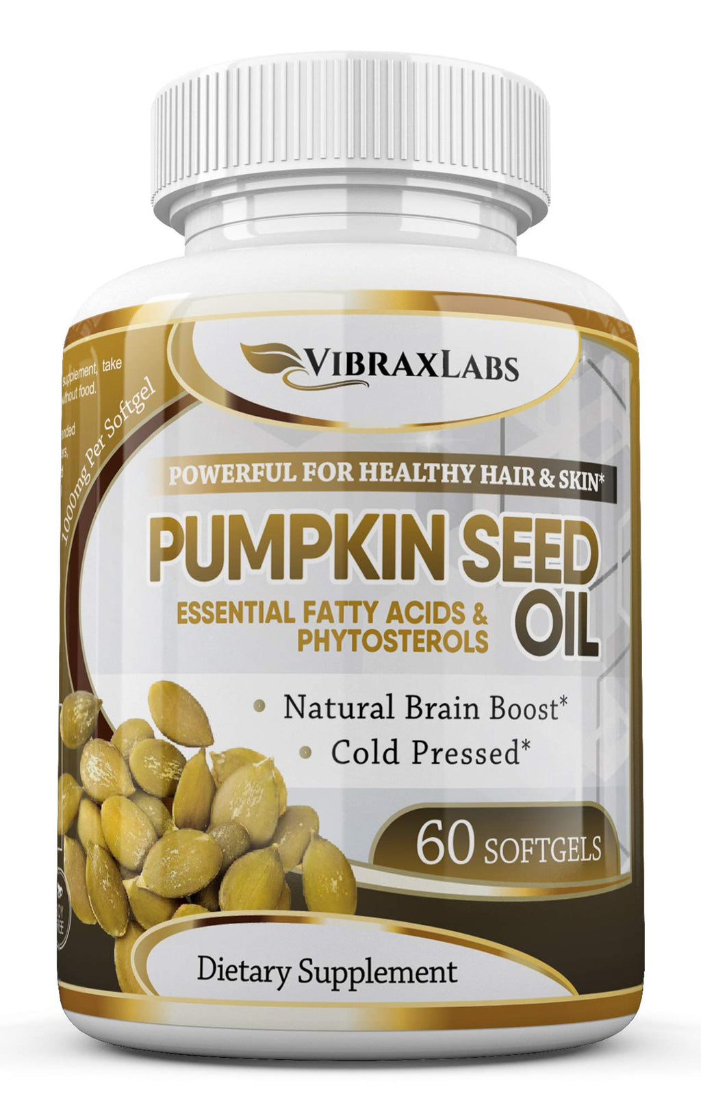 vibraxlabs Pumpkin Seed Oil - 100% Cold Pressed Pure 1000mg Extraction - Best for Hair Growth, Younger Looking Skin & Face, Bladder Control Supplement, 60 Softgels