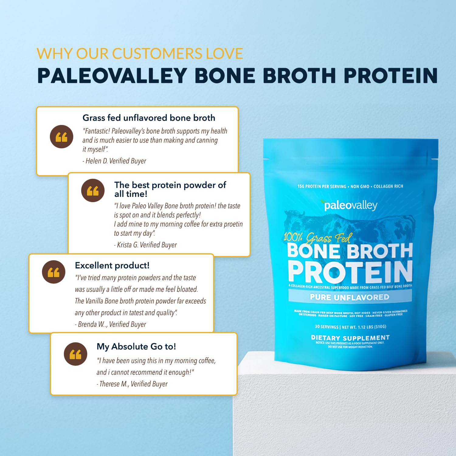 Paleovalley 100% Grass Fed Beef Bone Broth Protein Powder - Rich in Collagen Peptides for Hair, Skin, Gut Health, Bone and Joint Support - 15g Protein Per Serving - No Gluten or GMOs