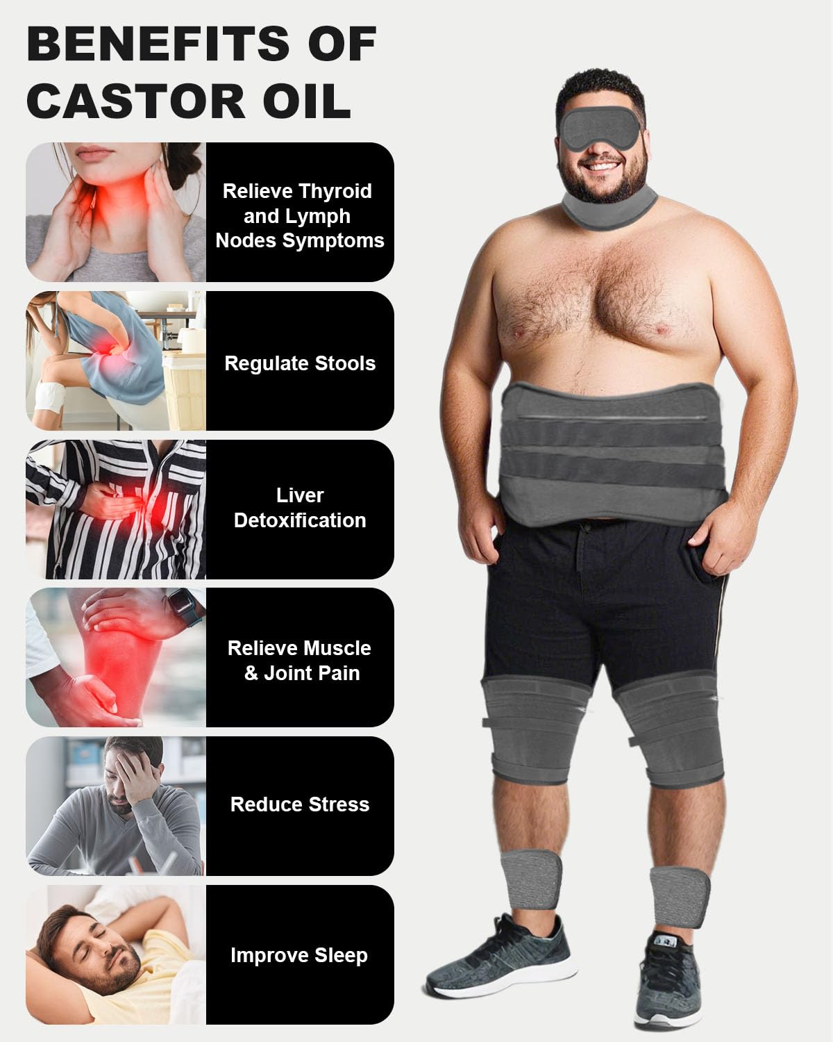 10 Pcs Castor Oil Pack Wrap for Men, Plus Size Castor Oil Packs for Men Women, XL Reusable Castor Oil Wraps Set for Eyes Neck Stomach Waist Knees Legs Feet, Flannel Cotton, Machine Washable，Mixed fibre fabrics (Dark Gray)