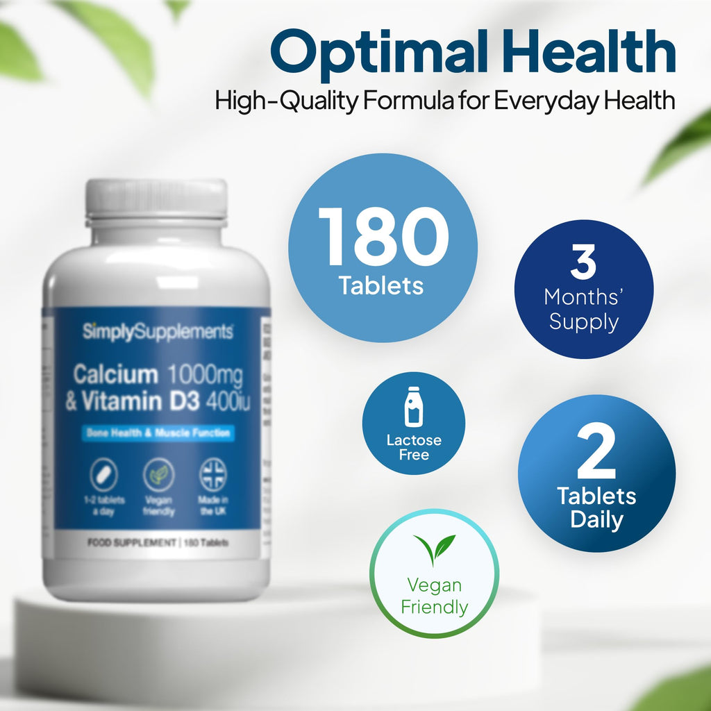 Calcium 1000mg & Vitamin D3 400iu | 180 Vegan Tablets | 3 Months' Supply