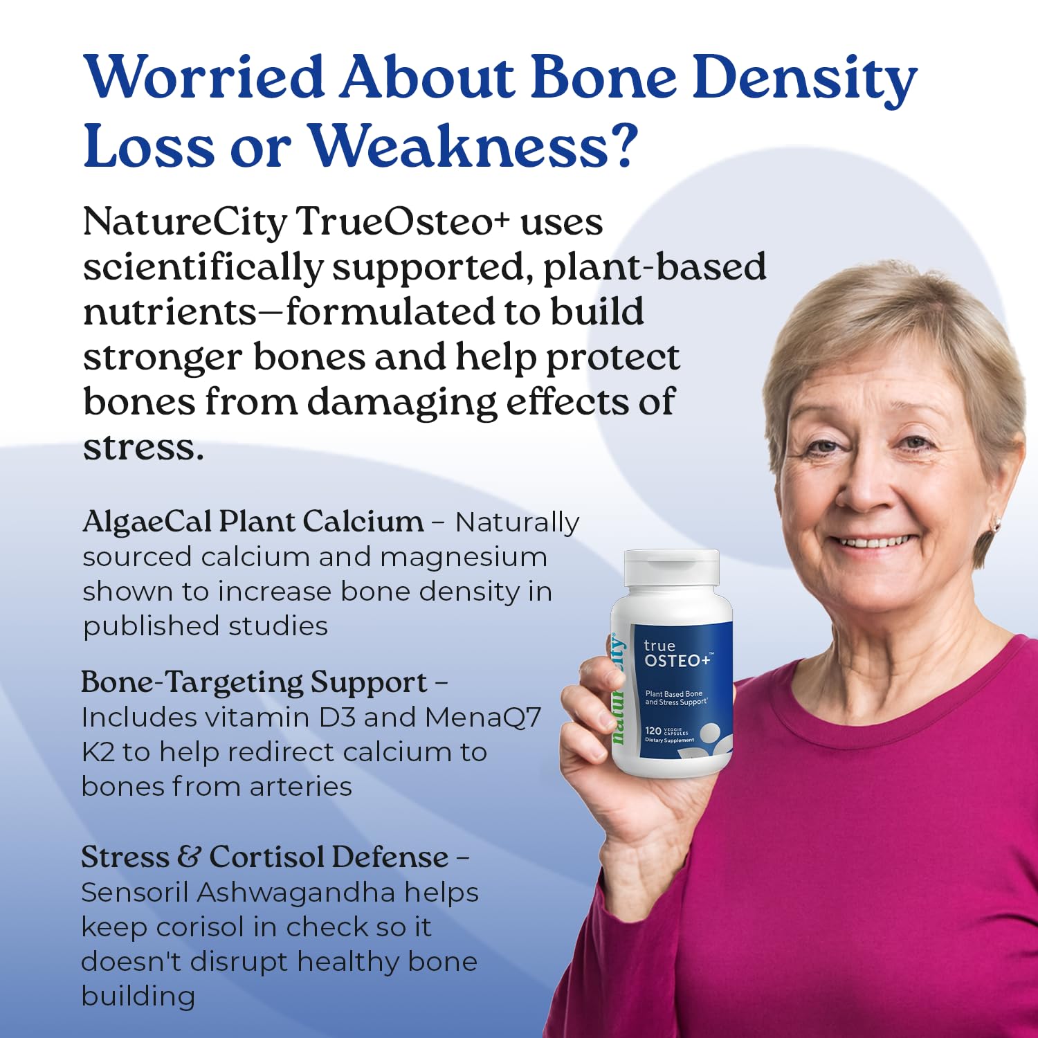 NatureCity True-Osteo Plus Bone Support with Ashwagandha – for Strength & Density – Plant-Based Calcium with Organic AlgaeCal, Magnesium, Vitamin D3, K2, Silicon & Stress Support | 360 Veggie Capsules