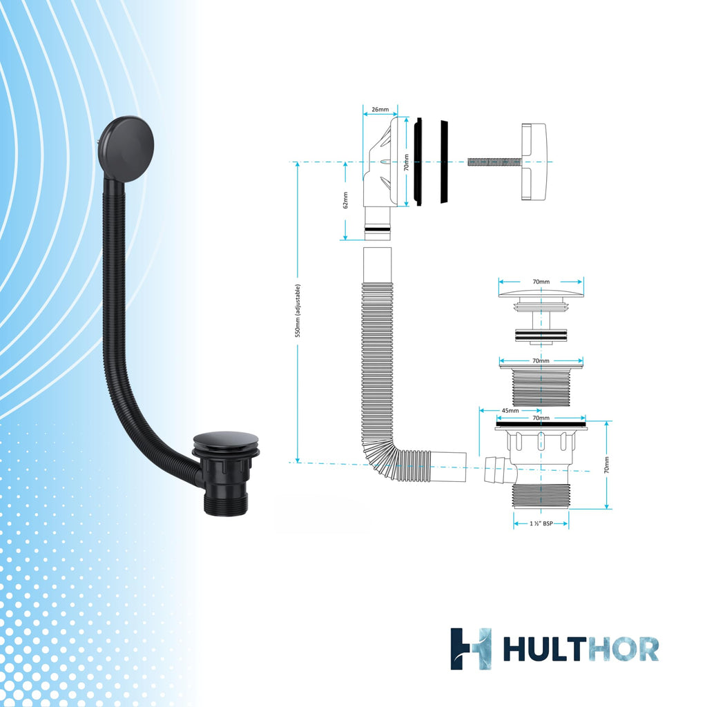 Hulthor Bath Waste & Overflow Kit – Universal 1.5" Click Clack Plug Set with Pop-Up Mechanism – Compatible with Standard UK Bathtubs (Black)