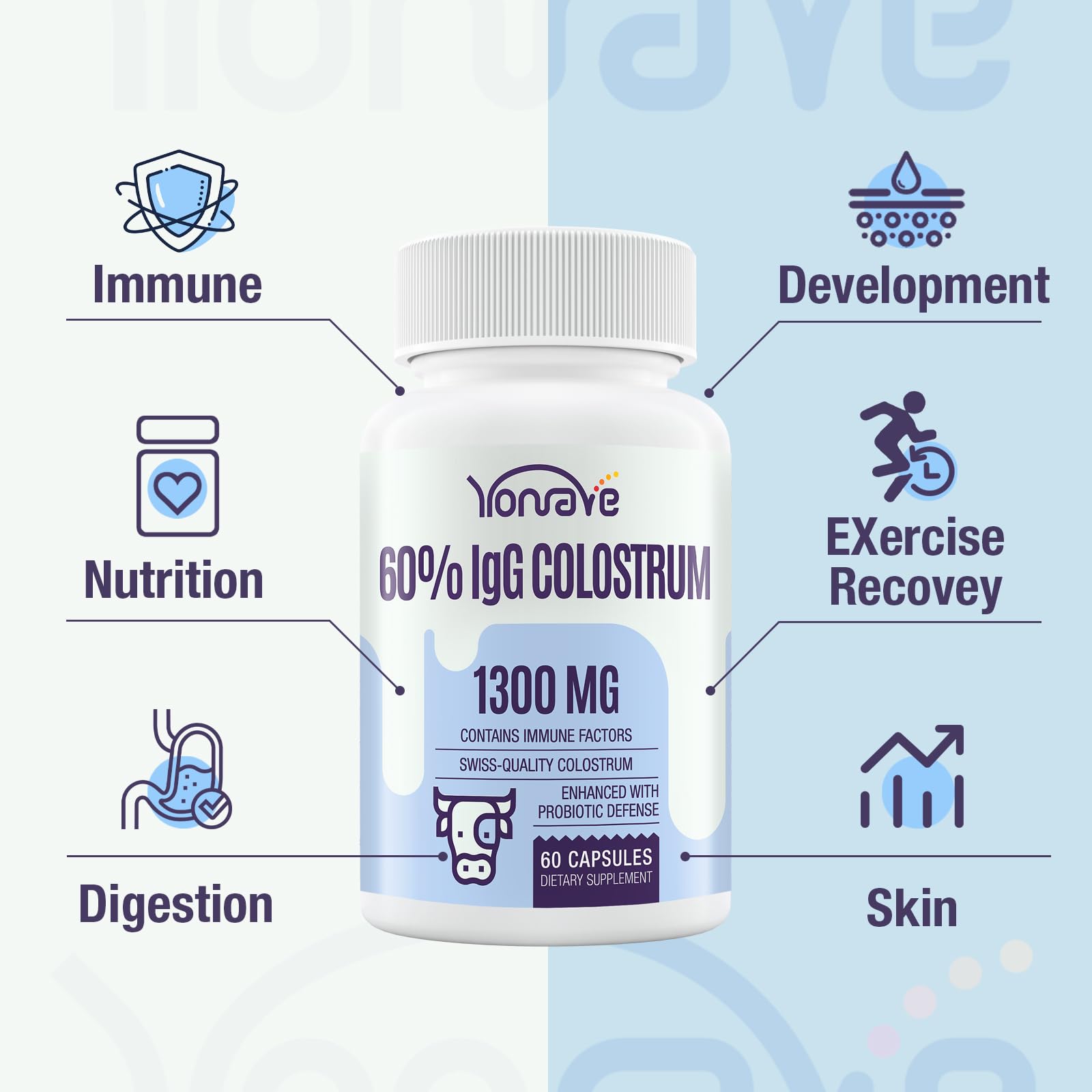 Yonrave Bovine Colostrum Capsules Supplement 1300mg - Extra High 60% IgG Bovine Colostrum - Gut, Bone, Exercise, Immune - 120 Capsules