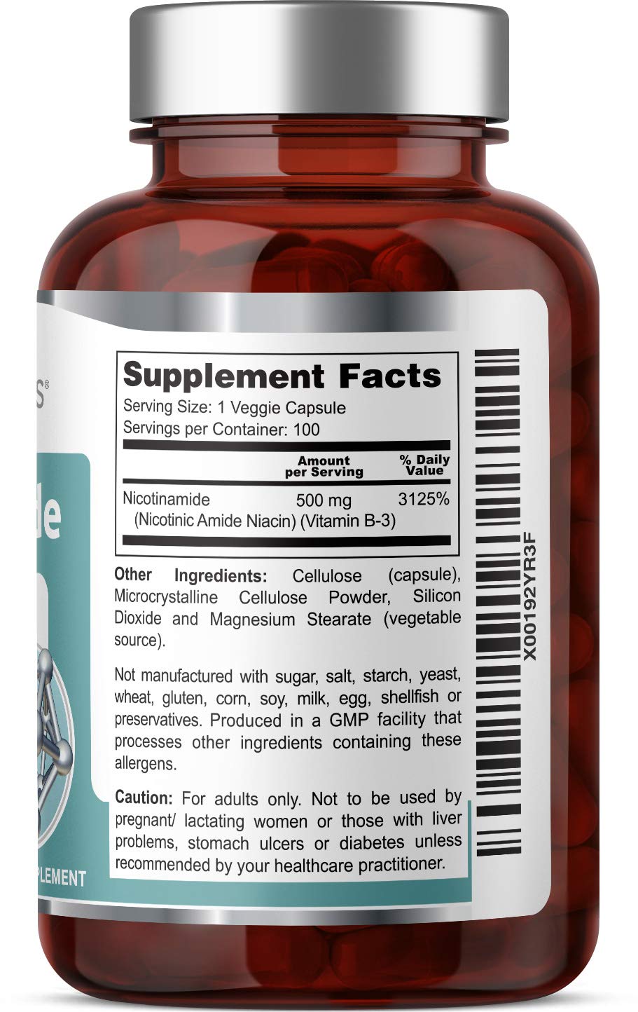 B-3 Nicotinamide 500 mg 100 Vcaps - Nicotinic Amide Niacin Natural Flush-Free Vitamin Formula - Supports Skin Cell Health