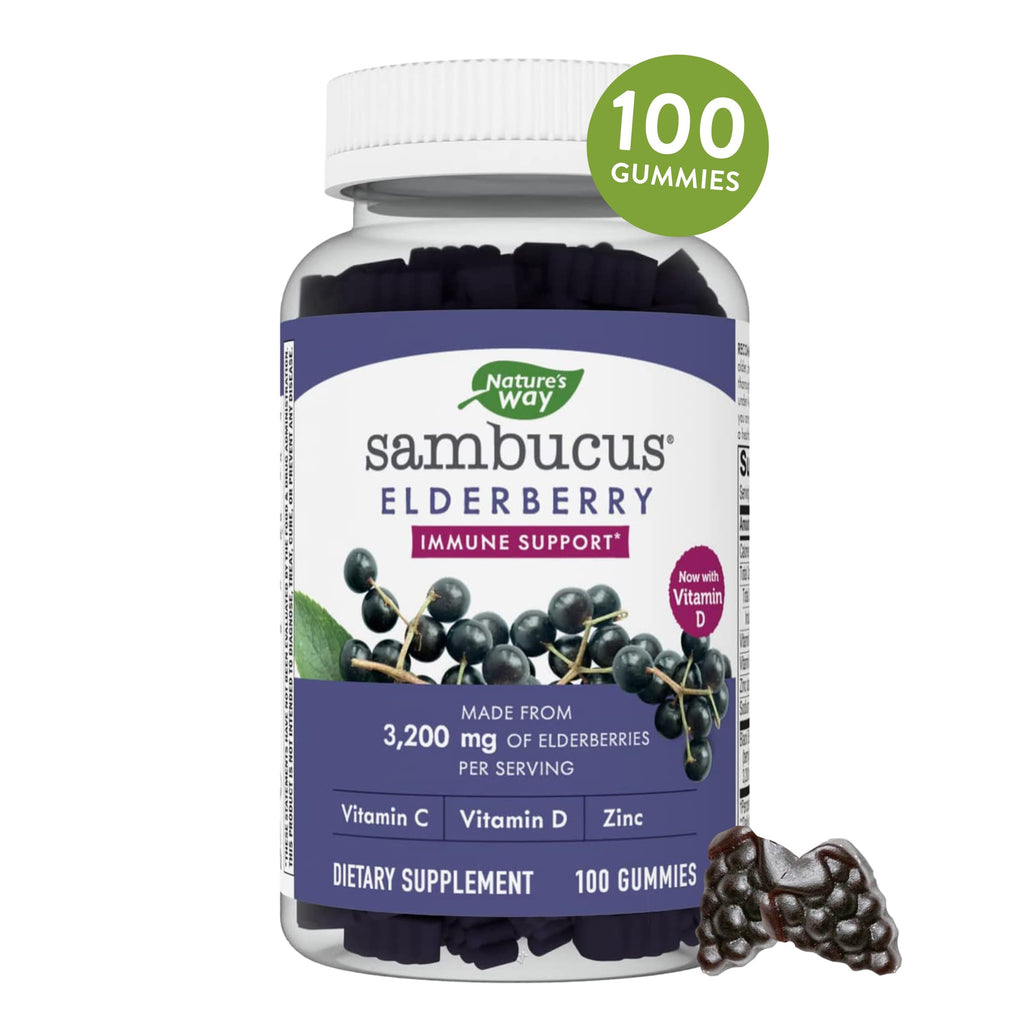 Nature's Way Sambucus Elderberry Gummies - Immune Support Supplement for Kids & Adults* - With Vitamins C, D3, Zinc & Antioxidant Support* - Gluten Free & Vegetarian - 100 Gummies