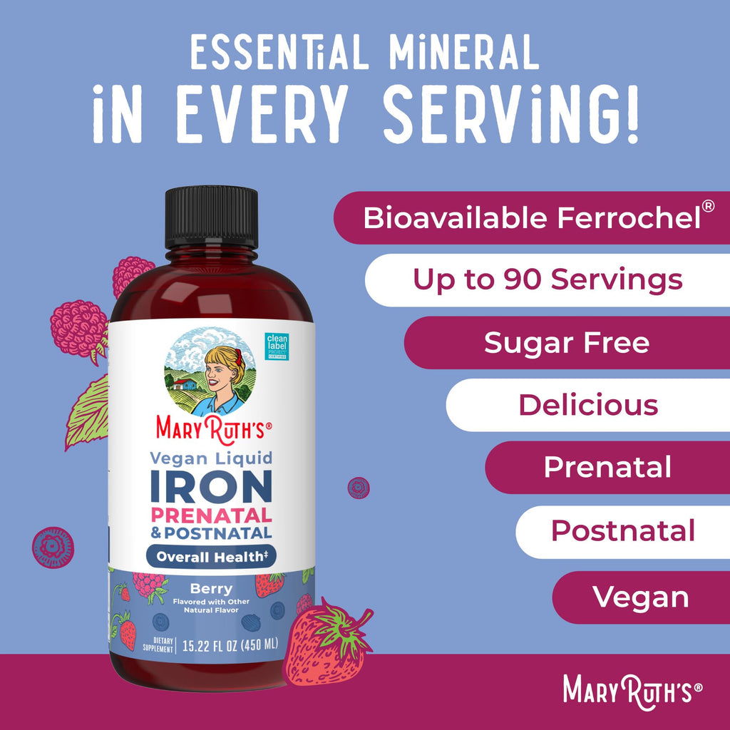 MaryRuth’s Prenatal Postnatal Iron Liquid | Iron Supplement for Prenatal & Postnatal | Bioavailable Ferrochel | Red Blood Cell Production | Sugar Free | Vegan | Non-GMO | Gluten Free | 15.22 Fl Oz