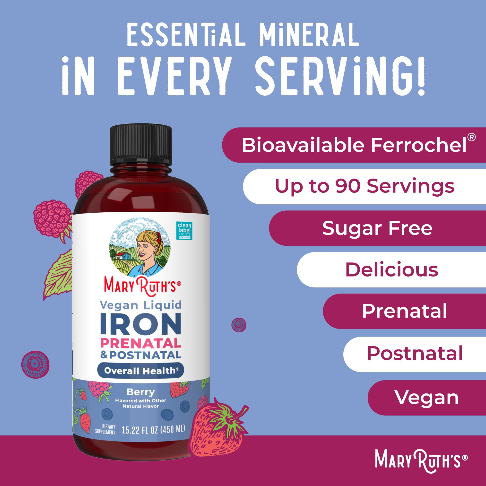 MaryRuth’s Prenatal Postnatal Iron Liquid | Iron Supplement for Prenatal & Postnatal | Bioavailable Ferrochel | Red Blood Cell Production | Sugar Free | Vegan | Non-GMO | Gluten Free | 15.22 Fl Oz