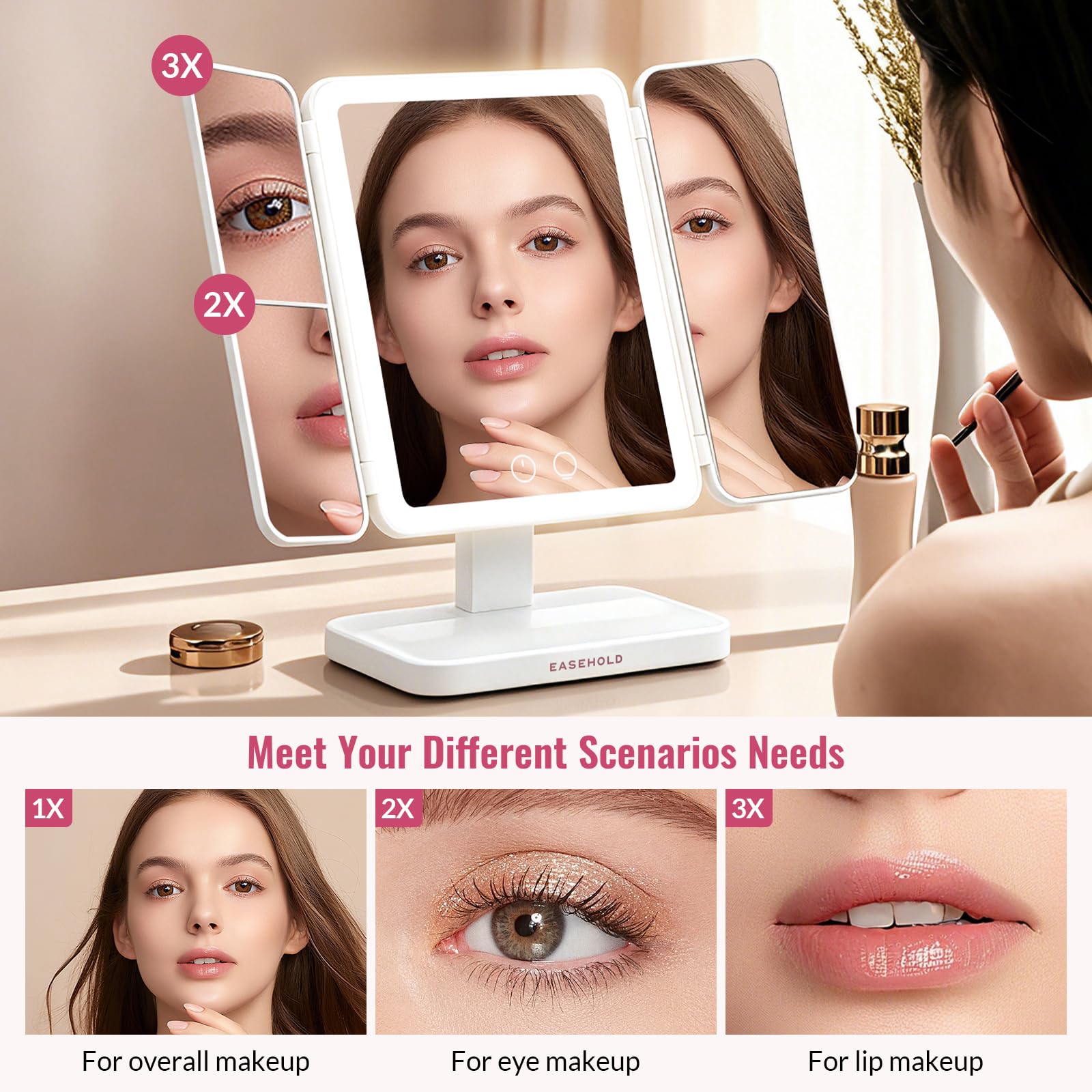 EASEHOLD Rechargeable Lighted Makeup Mirror with 64 Eye-Caring LEDs, 3 Color Lighting Modes & Touch Sensor, Trifold Vanity Mirror for Travel, Desk, Dorm Room Essentials for Girls, Gifts for Women