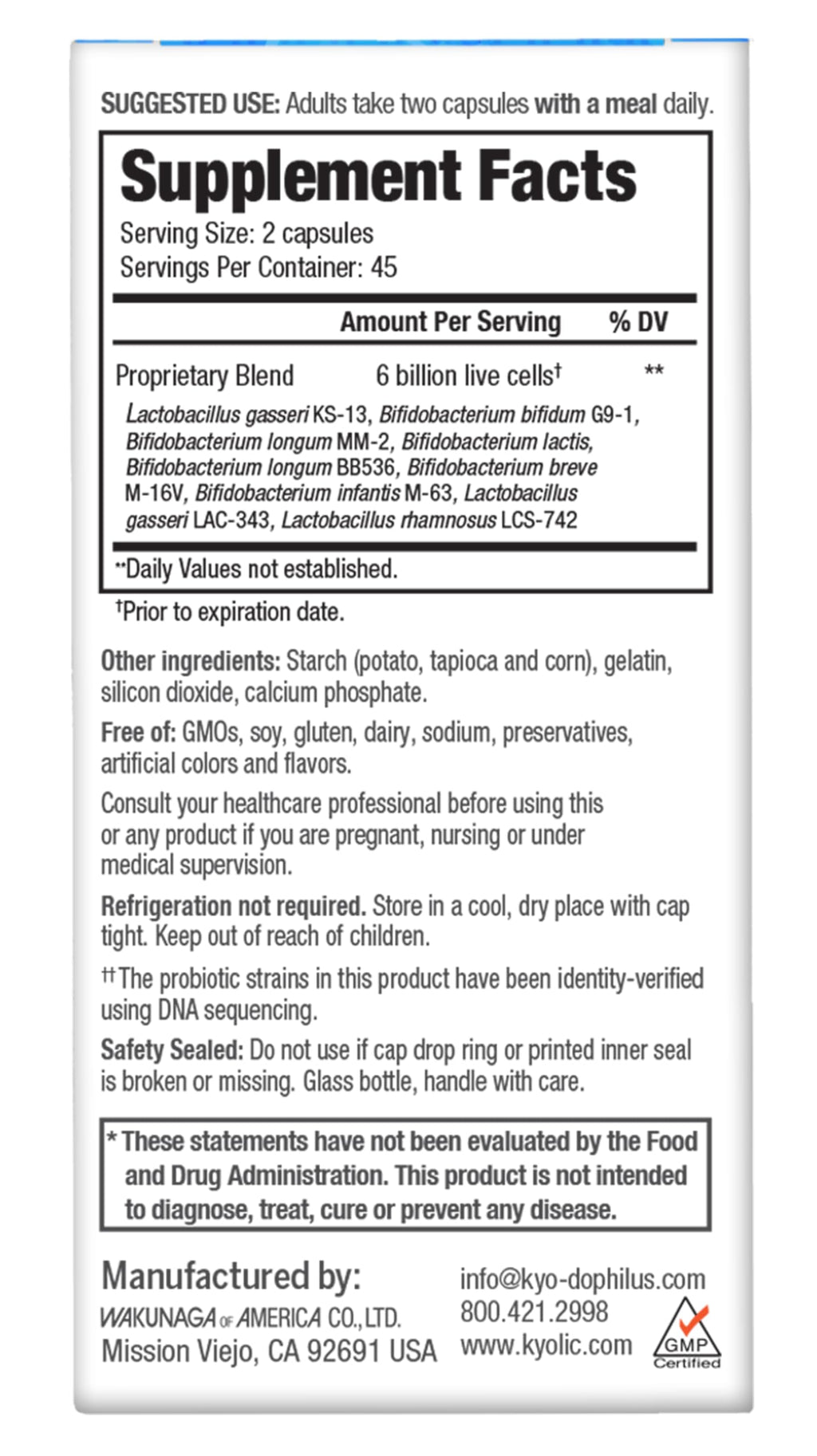 Kyolic Kyo-Dophilus Multi 9 Probiotic - Multi-Strain Probiotic Blend for Digestive Function, Healthy Gut Flora & Microbiome Support* - 6 Billion CFU - Gluten-Free - 90 Capsules (45 Servings)
