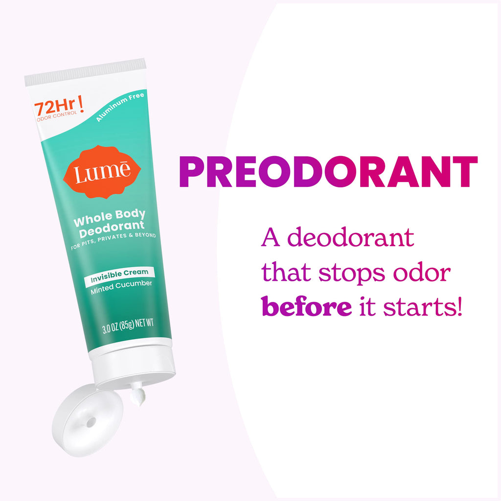 Lume Whole Body Deodorant - Invisible Cream Tube - 72 Hour Odor Control - Aluminum Free, Baking Soda Free, Skin Safe - 3.0 ounce (Pack of 2) (Minted Cucumber)