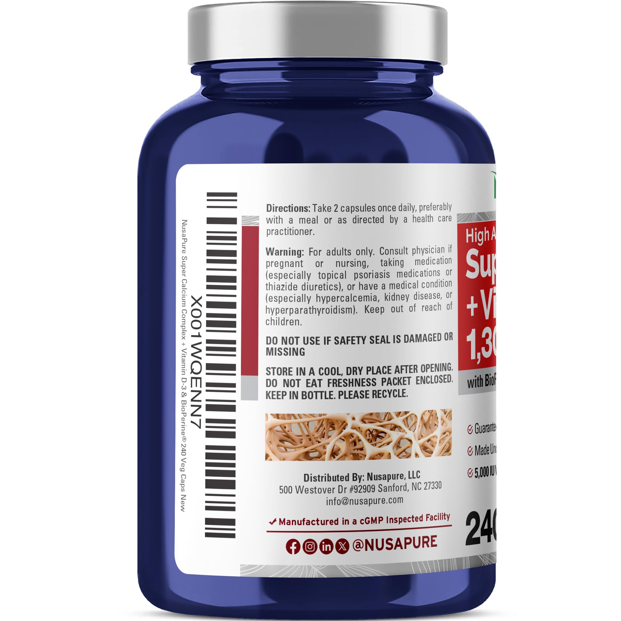 NusaPure Super Calcium with Vitamin D 3 & Calcium Citrate - Suitable for Vegetarian/Vegan, Non - GMO - 1300mg - 240 Capsules