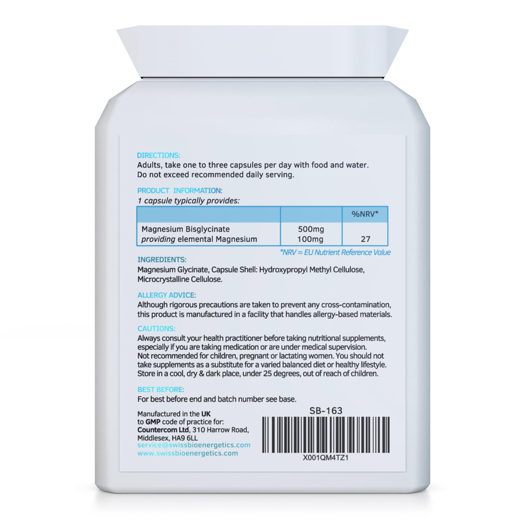 Magnesium Bisglycinate (Glycinate) 500mg - 90 Highly Bioavailable, Maximum Absorption Capsules for Better Sleep, Muscle and Nerve Support Vegan & UK Made
