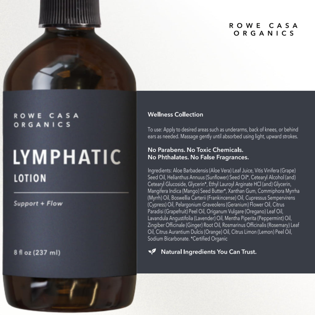 Rowe Casa Organics Lymphatic Lotion, Gentle Lymphatic Drainage Lotion with Therapeutic Grade Essential Oils, Non-Greasy Hydrating Lymph System Support, 8 fl oz