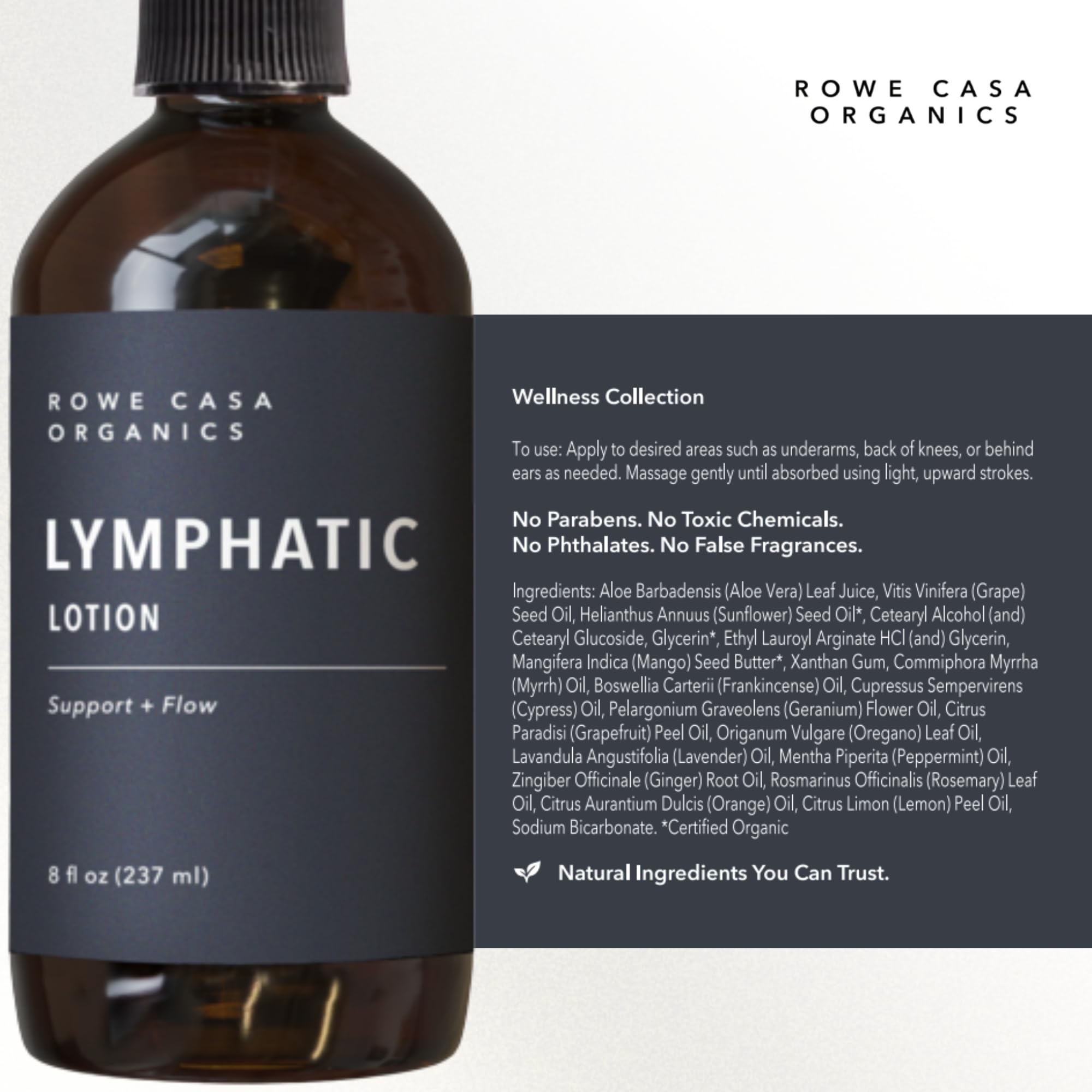 Rowe Casa Organics Lymphatic Lotion, Gentle Lymphatic Drainage Lotion with Therapeutic Grade Essential Oils, Non-Greasy Hydrating Lymph System Support, 8 fl oz