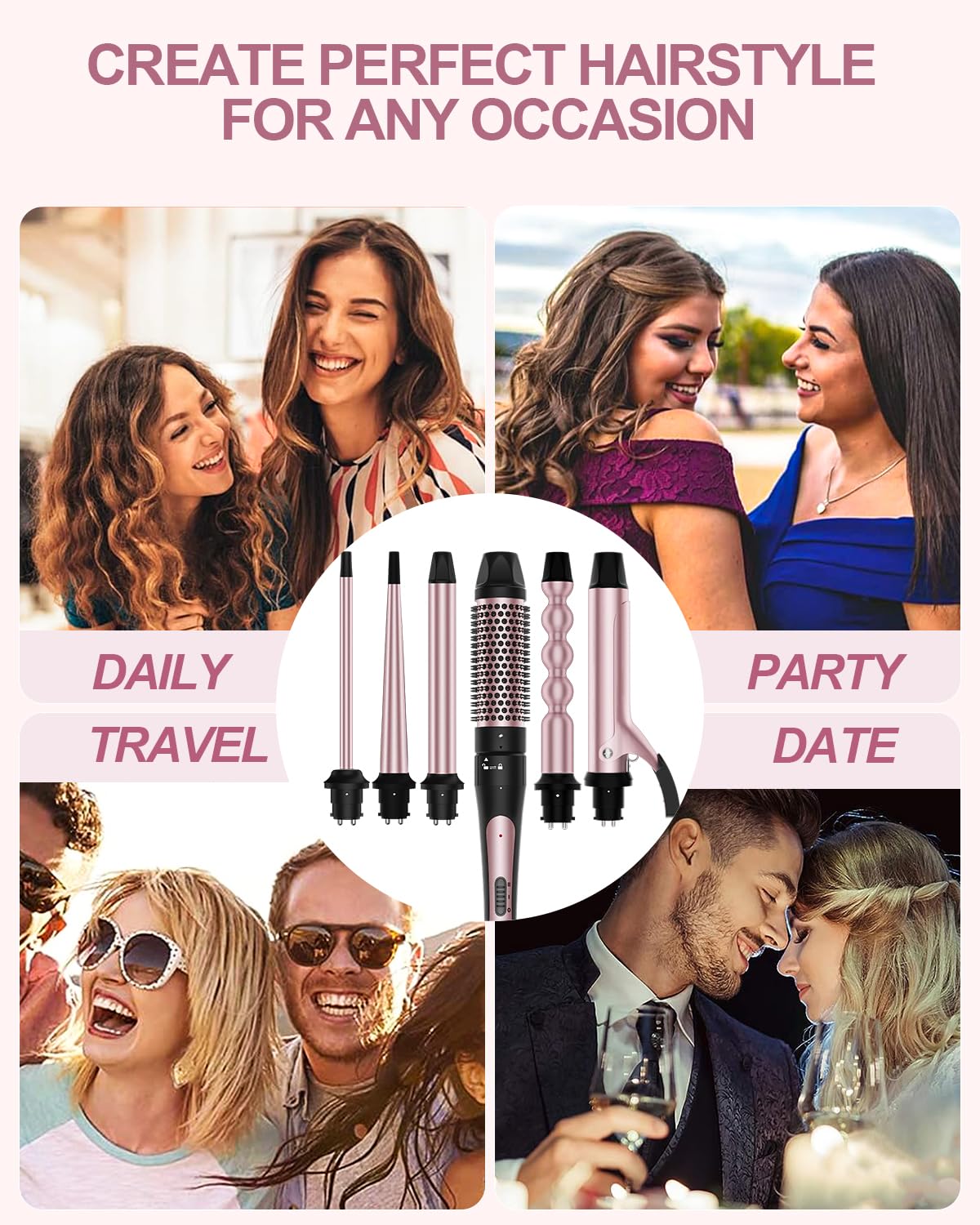 6 in 1 Curling Iron, Curling Wand Set with Thermal Brush (1.5inch) & 1inch Bubble Wand Curler and 3 Interchangeable Ceramic Barrel (0.35"-1.25"), Instant Heat Up with Comb & Protective Glove & 2 Clip