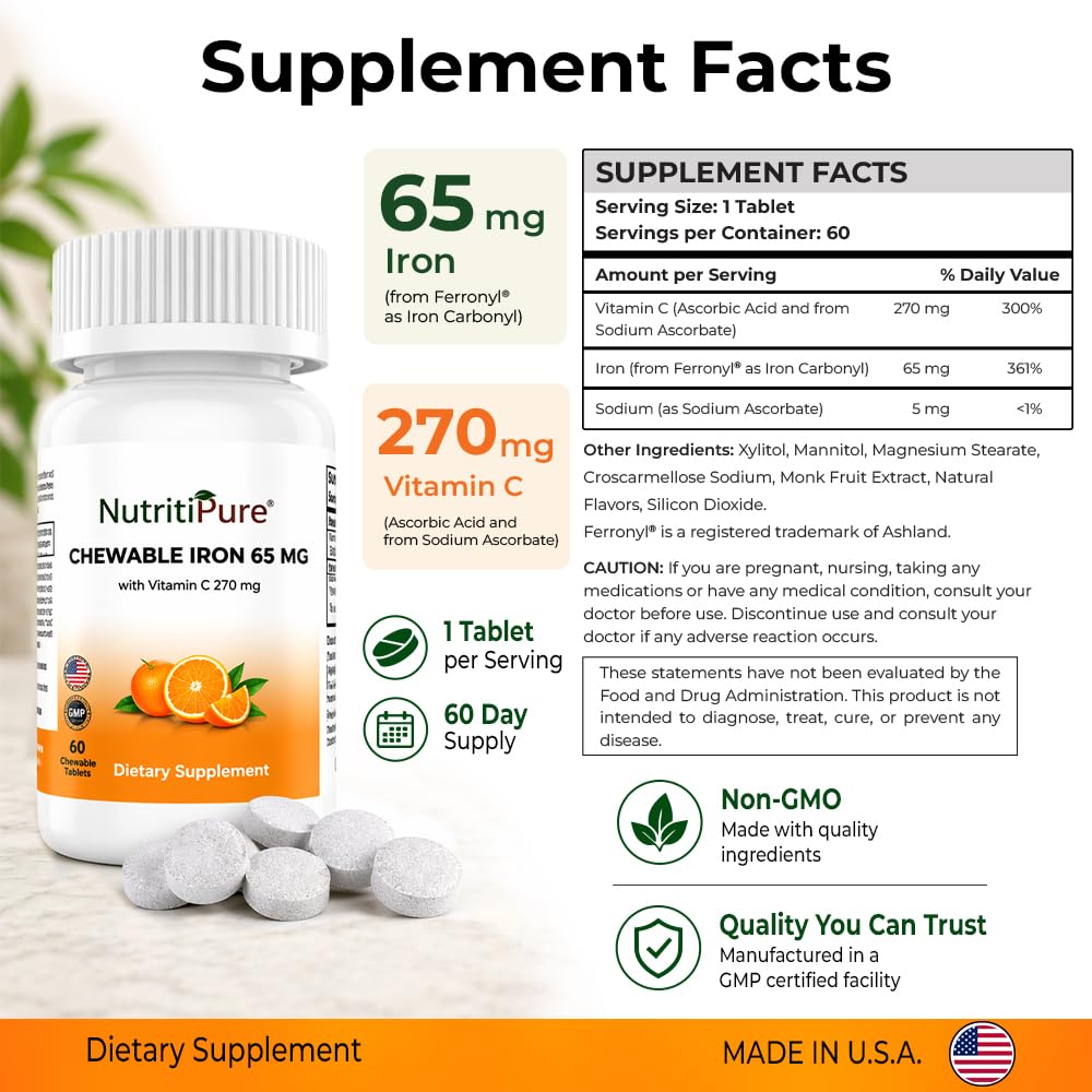 Carbonyl Iron 65mg Chewable Tablets with 270mg Vitamin C – Gentle, Non-Constipating Iron Supplement for Women & Men – Bariatric Friendly – Sugar Free – 2 x 60 Count (120 Day Supply)