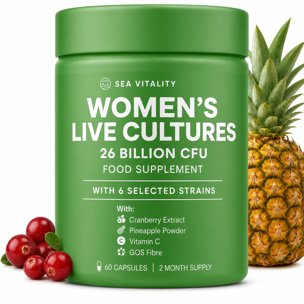 Women's Live Cultures Food Supplement - 26 Billion CFU, 6 Selected Strains with Cranberry Extract, Pineapple Powder, GOS & Vitamin C - 60 Capsules, 1-a-Day Formula for Women, 60 Day Supply