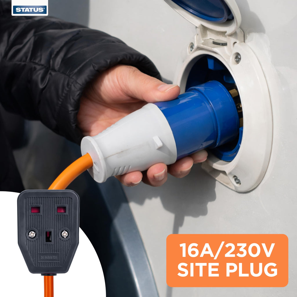 Status 16A Site Plug to 1 Way UK Socket, 20cm Adaptor Cable Perfect for Camping Caravan, Motorhome, Campervan, IP44, Weatherproof, 16APTUK1SCK1PK10