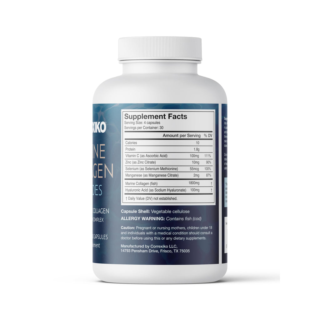 CORREXIKO Marine Collagen Supplement Pills - 1800mg Hydrolyzed Collagen Peptides per Serving with Added Hyaluronic Acid, Vitamin C & Minerals - for Hair, Skin & Nails - 120 Capsules 30 Day Supply