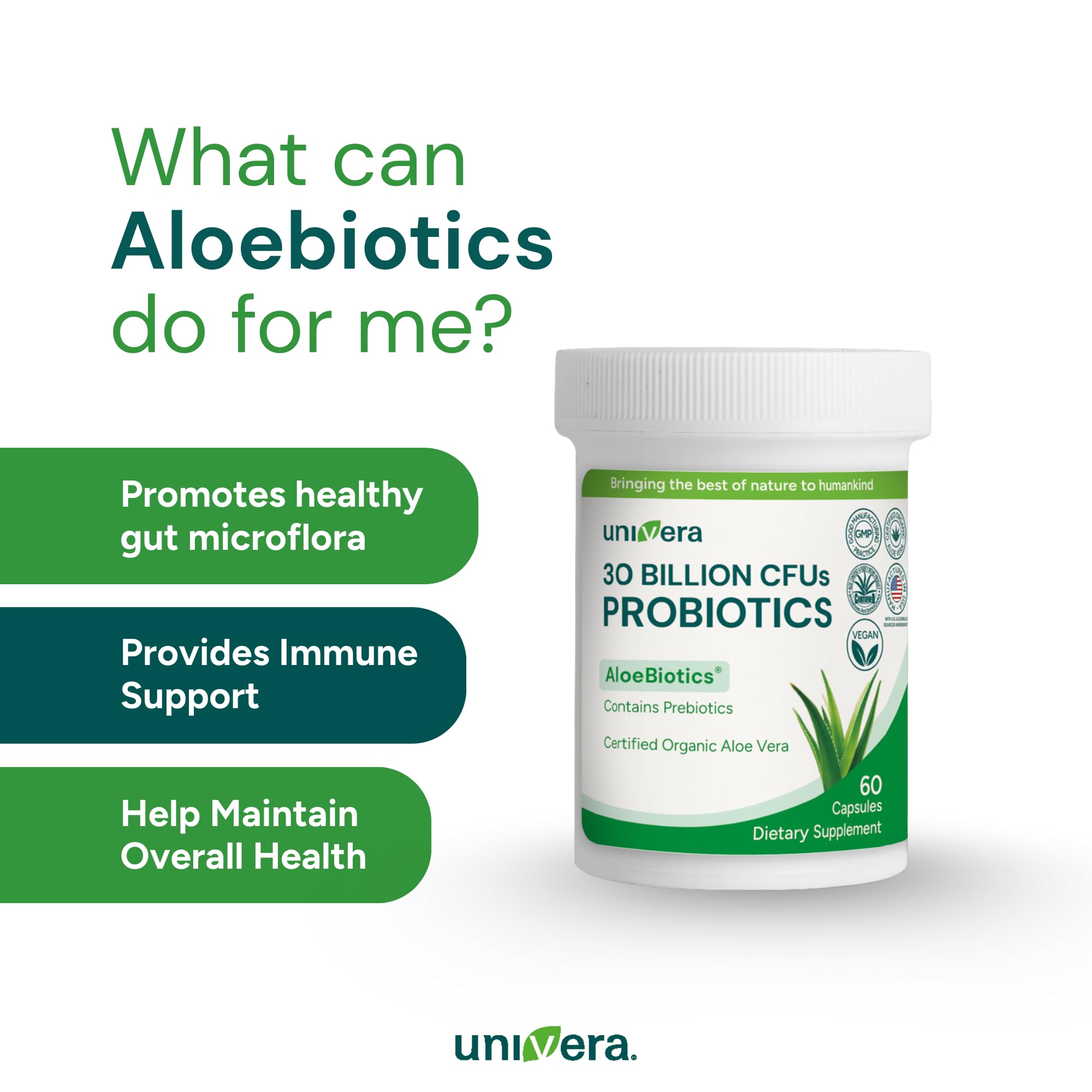 Univera Probiotics, Probiotics and Prebiotics 30 Billion CFUs with Organic Aloe Vera -14 Strains, Digestive Enzymes for Adults - Vegan, AloeBiotics, 60ct.