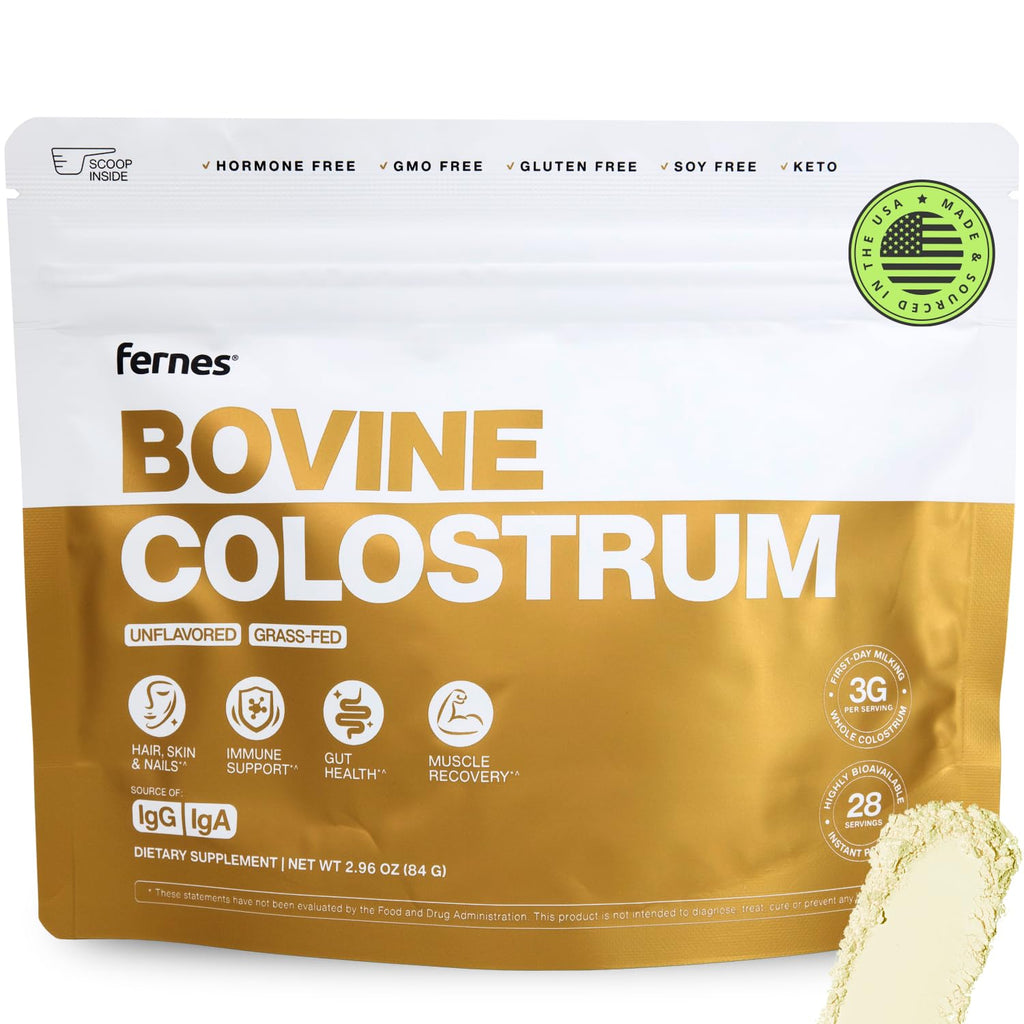 Fernes Grass Fed Whole Bovine Colostrum Powder for Women & Men – First Day Milking, Non GMO, Soy Free, Keto, Gluten Free – 28 Servings, 2.96 oz, Unflavored, Made in USA