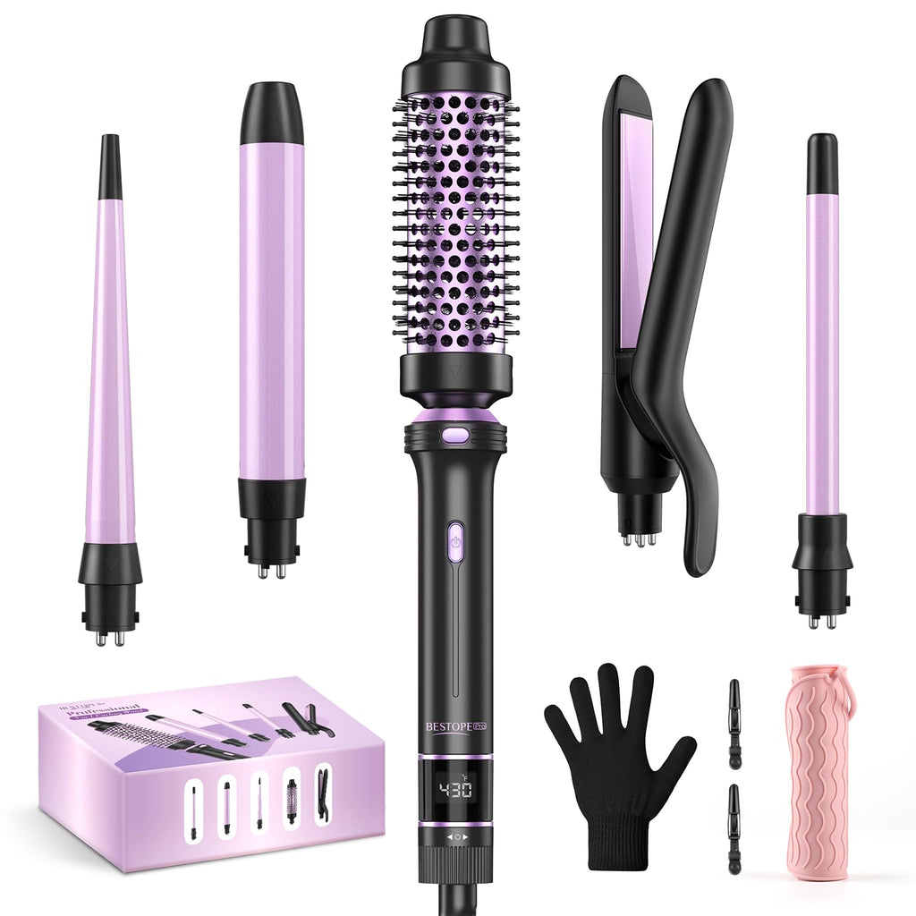 5 in 1 Curling Iron, Curling Wand Set with Thermal Brush, Flat Iron Hair Straightener, 3 Ceramic Irons (0.35"-1"), 13 Adjustable Temps, Hair Curler Waver with Heat Resistant Mat, Glove, Clip