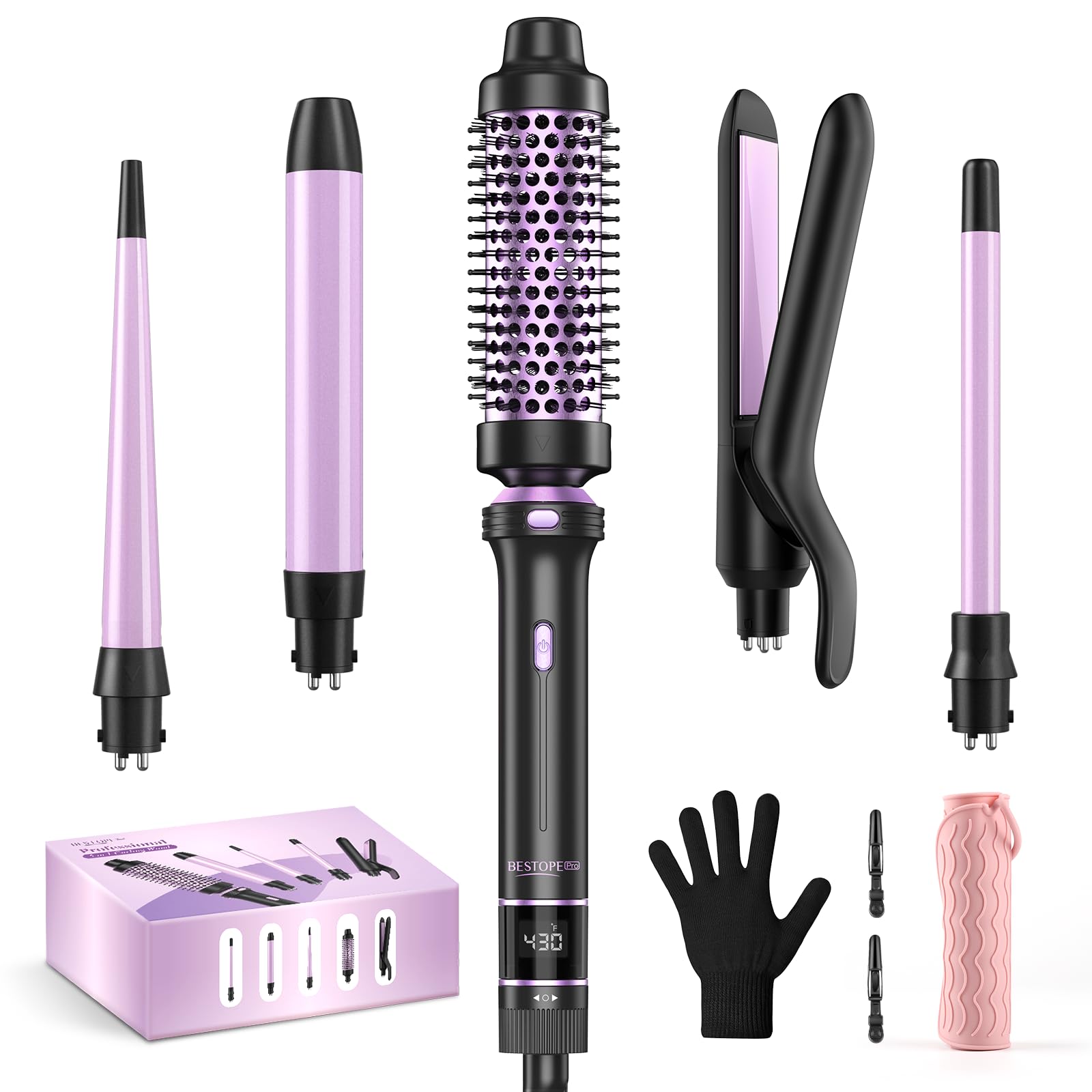 5 in 1 Curling Iron, Curling Wand Set with Thermal Brush, Flat Iron Hair Straightener, 3 Ceramic Irons (0.35"-1"), 13 Adjustable Temps, Hair Curler Waver with Heat Resistant Mat, Glove, Clip