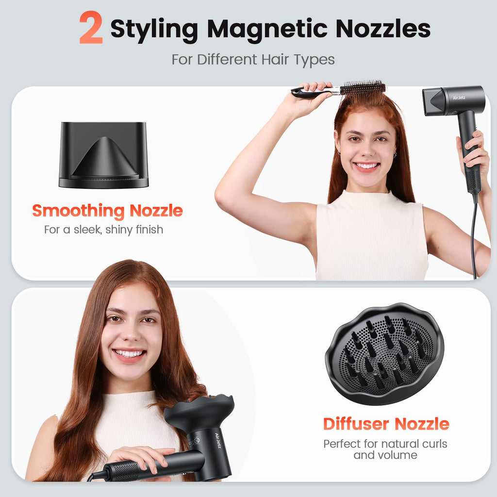Hair Dryer, 160,000 RPM High-Speed Ionic Blow Dryer for Fast Drying, Professional Lightweight Hairdryer with Diffuser, Magnetic Nozzle, 4 Temps & 2 Speeds, Low Noise for Travel - Black