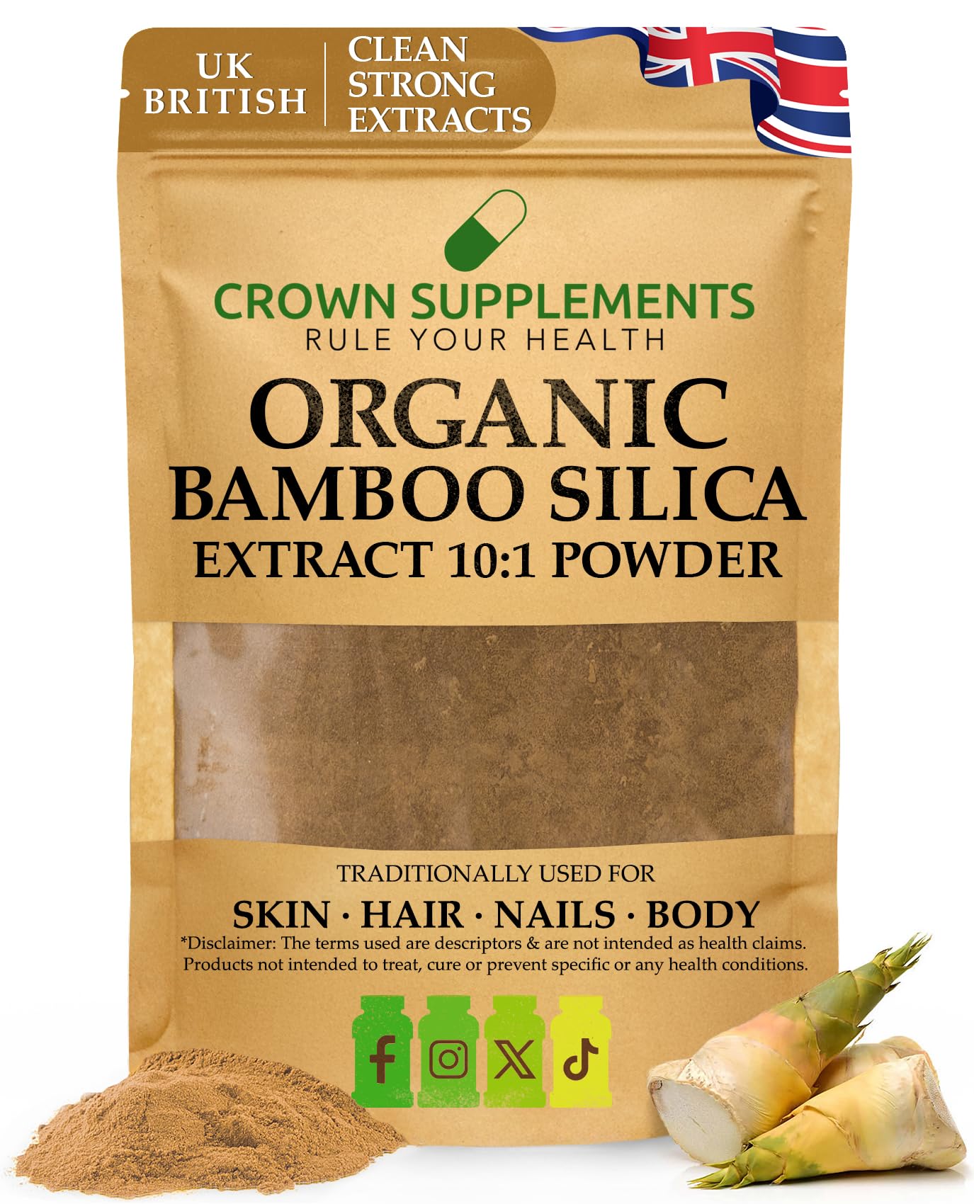 Organic Silica Extract 10:1| High Strength Naturally Sourced Silica Supplement | for Skin Health and Mobility | Vegan Capsules | from Bamboo Extract | UK Made (100G)