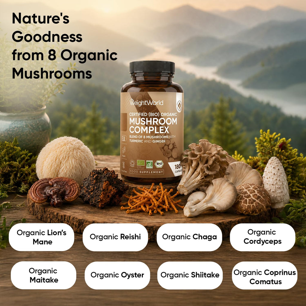 Organic Mushroom Complex - 180 Vegan Capsules - Added Turmeric & Ginger