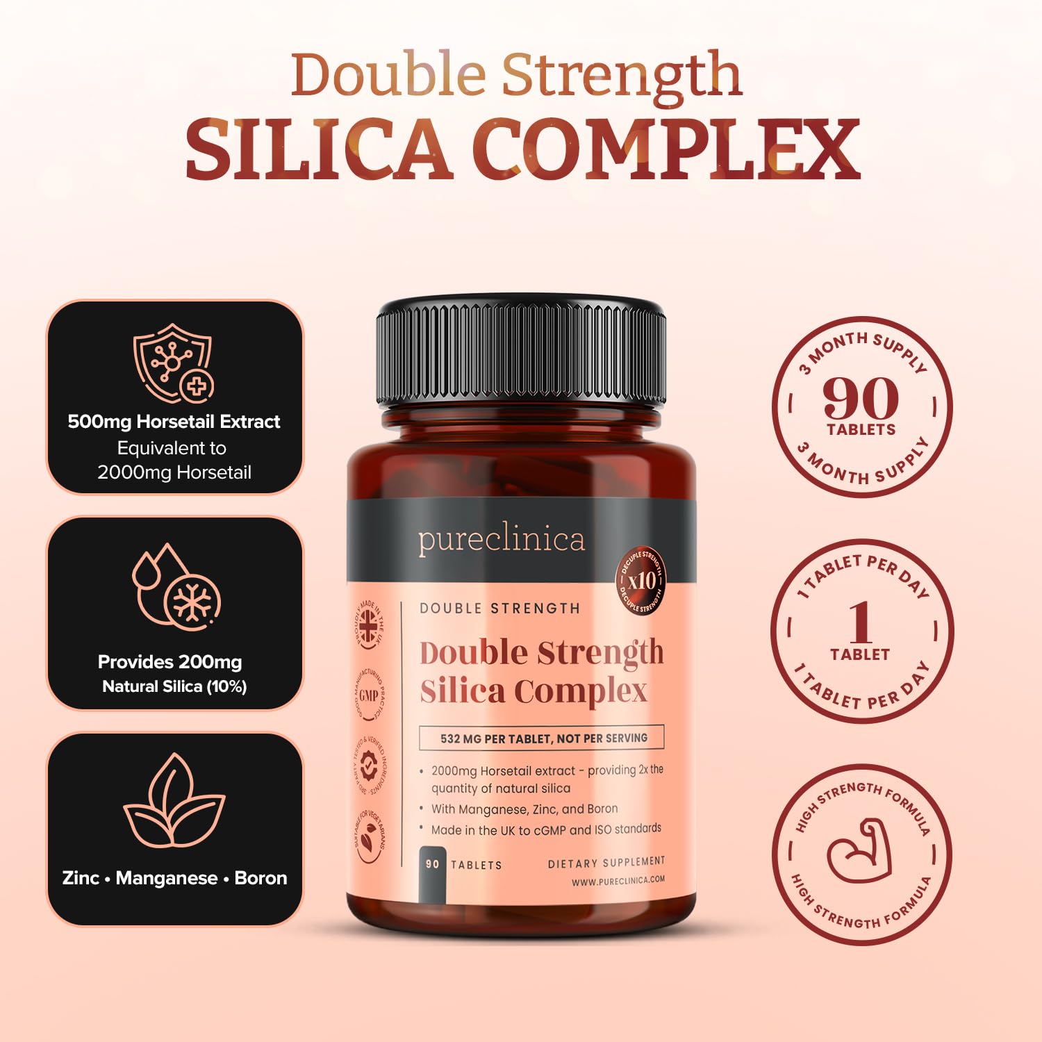 Double Strength Silica Complex – 500mg Horsetail Extract (4:1) per Tablet – 90 Tablets – 3 Month Supply – with Zinc, Manganese & Boron