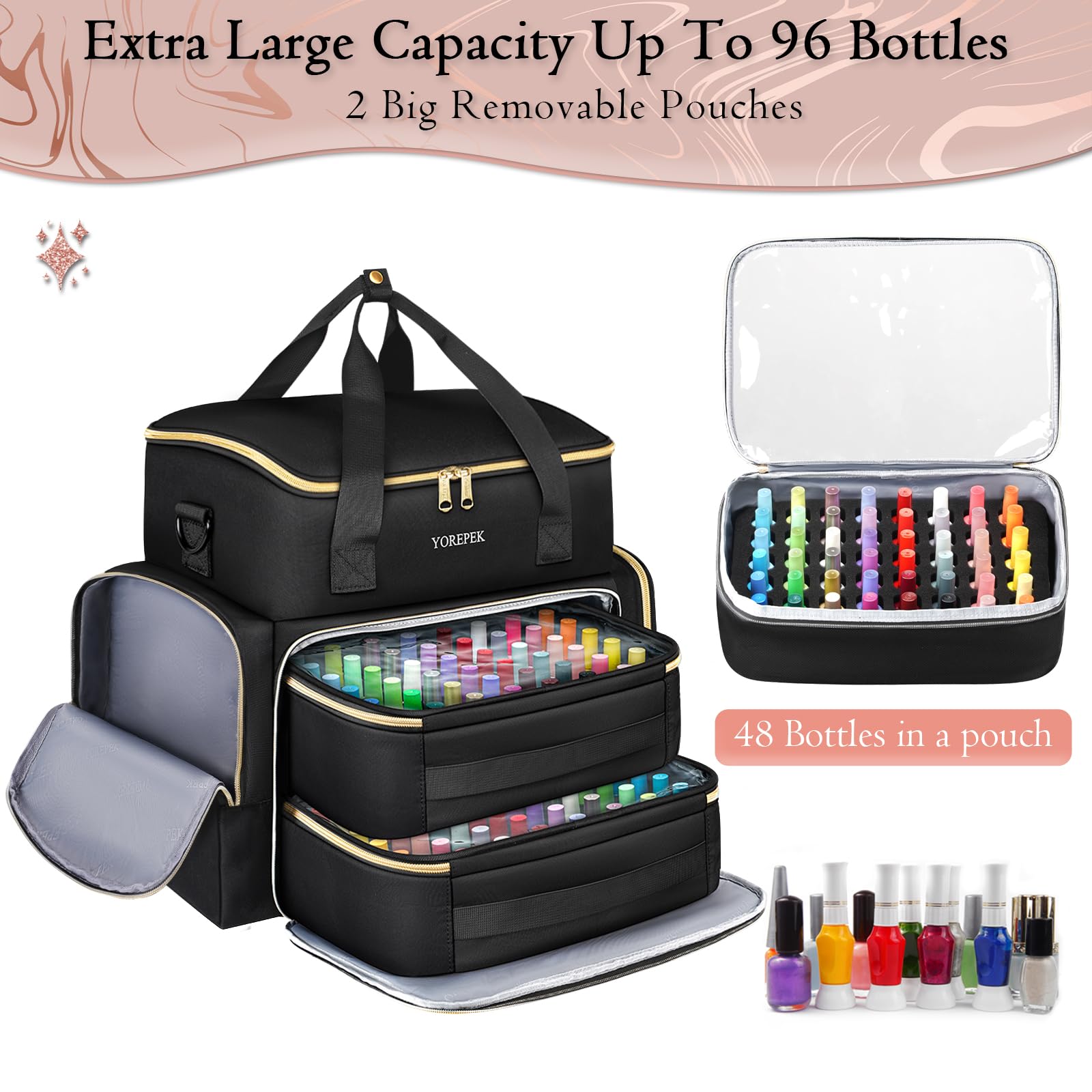 YOREPEK Extra Large Nail Polish Organizer Case Holds 96 to 100+ Bottles (15ml/0.5 fl.oz) UV lamp, Gel Polish Travel Case Bag with 2 Removable Pouches Fits Nail Supplies, Manicurist Nail Tech Gifts