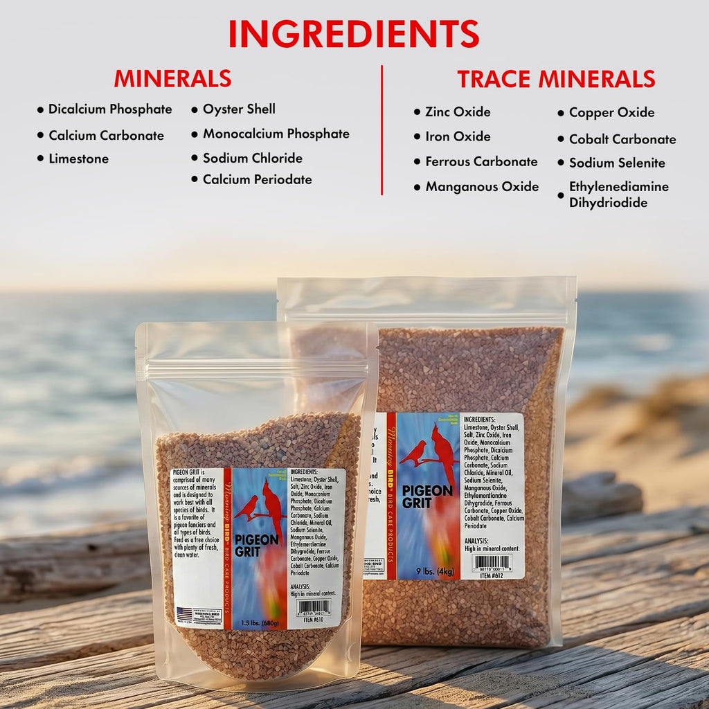 Morning Bird Pigeon Grit - Healthy & Nutritious Pigeon Food to Support Strong Muscles & Bones for Grit Eating Birds - Supports Digestion & Packed with Essential Minerals 9 lbs